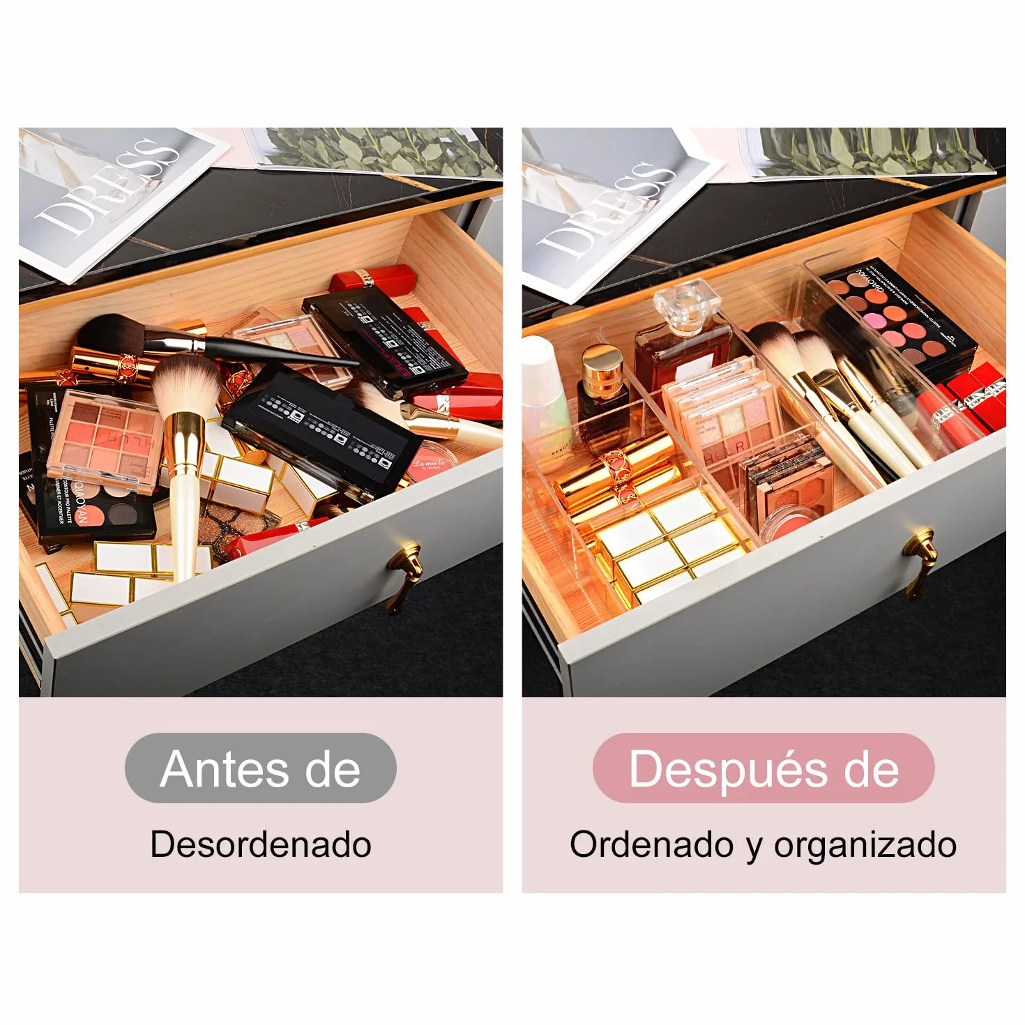 JessLab Set de 4 Organizadores de Cajón Acrílicos Transparentes Apilables para Maquillaje y Joyería