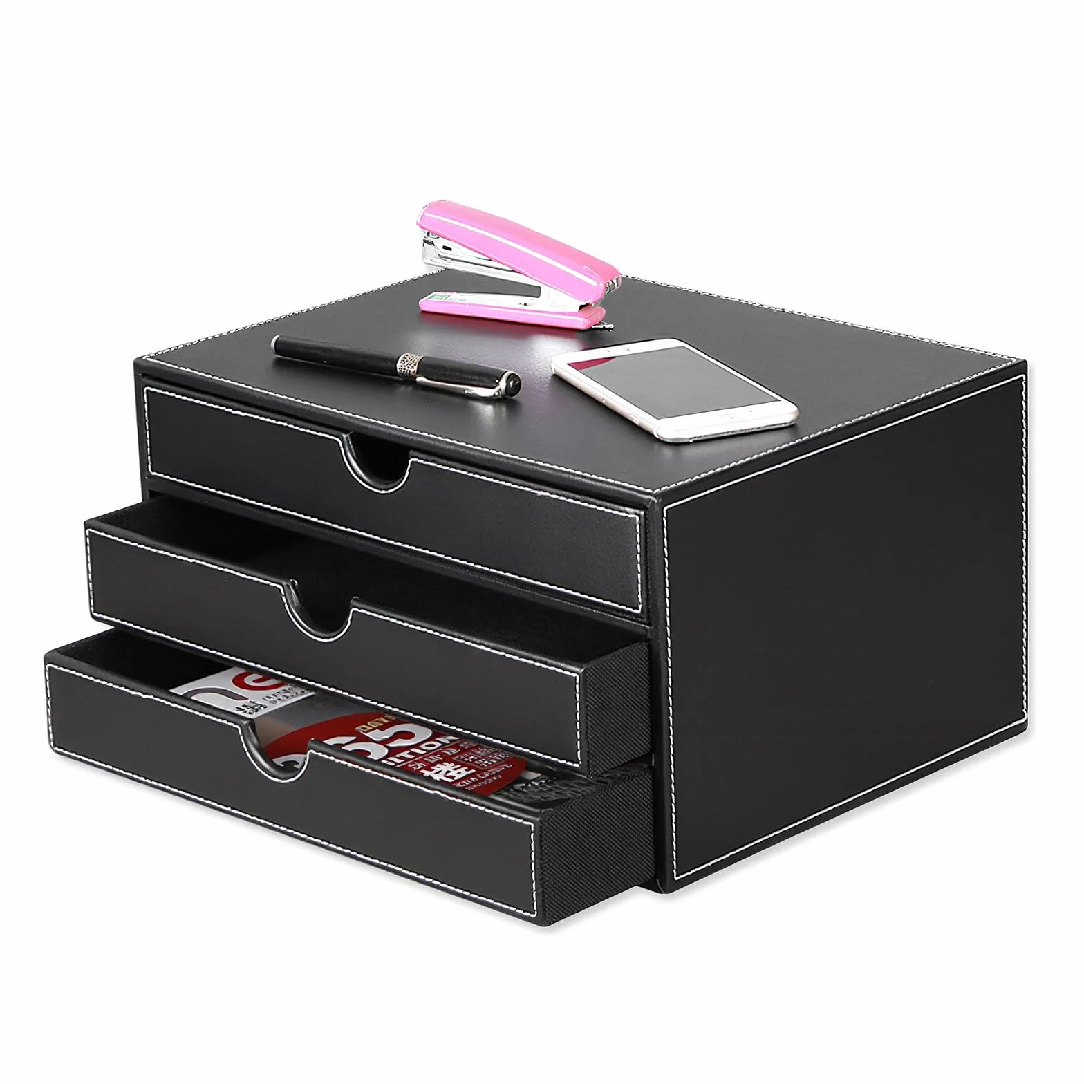 Caja de escritorio de piel con 3 cajones A4, organizador de oficina