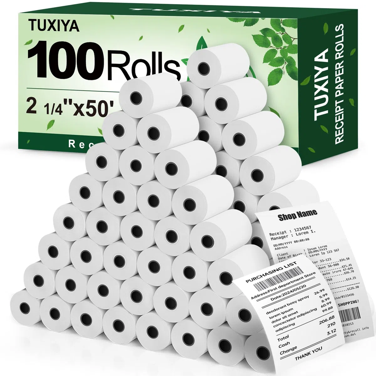 TUXIYA Rollos de recibos de papel térmico de 2 1/4 x 50 pies, 100 rollos de papel de impresora térmica, rollos de papel térmico sin BPA, se adapta a todas las impresoras térmicas POS de 58 mm, rollos