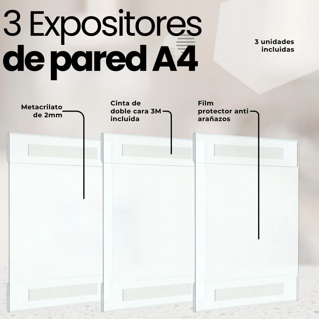 Expositor metacrilato A4 de pared, pack 3 unidades, soporte acrílico para carteles A4 con cinta doble cara, porta documentos, marco de acrílico, portafolios transparente.