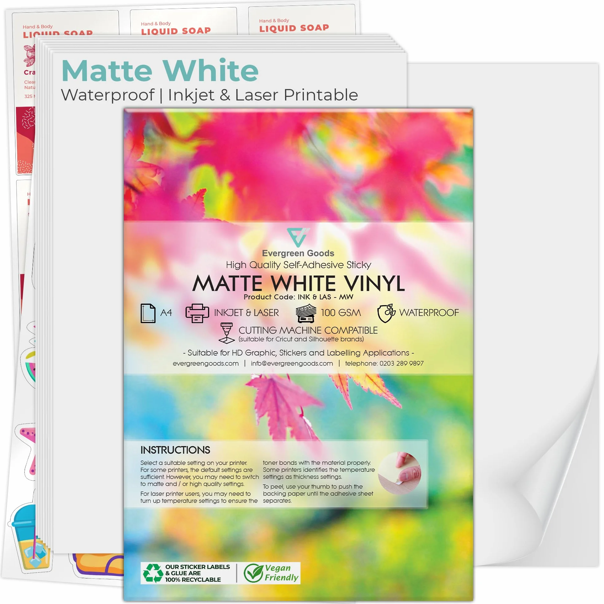 Evergreen Goods 100 Hojas de Papel Autoadhesivo de Vinilo A4 Blanco Mate Resistente al Agua, Papel de Impresión para Impresoras Inyección de Tinta y Láser, Hojas de Etiquetas y Adhesivos para Imprimir