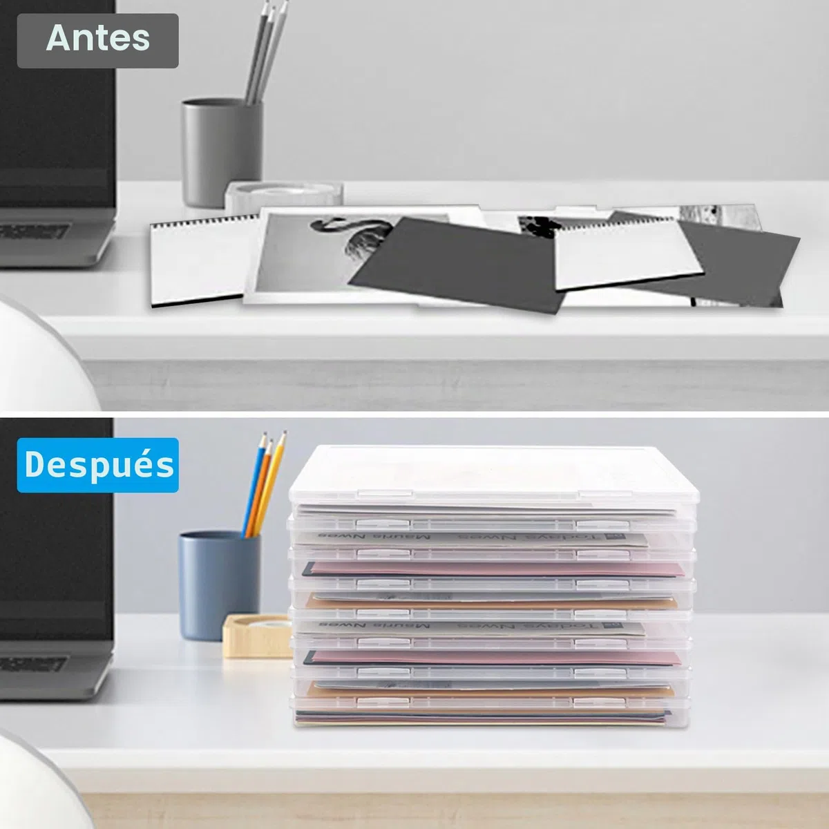 Cajas de Plástico A4 Transparentes, 8 Unidades Cajas Archivadoras Portátiles 30,5 x 22,3 x 2,2 cm, Organizador de Papeles Apilable para Oficina, Escuela, Documentos y Manualidades