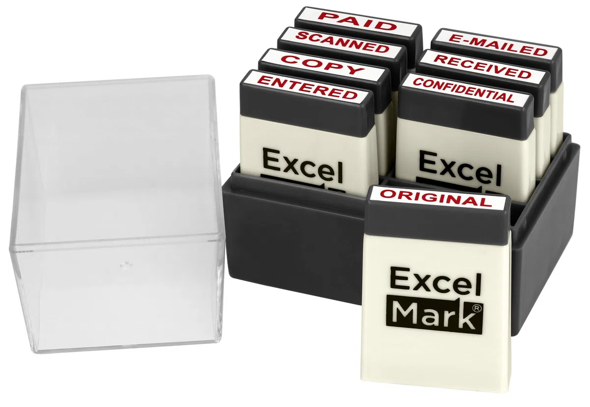 ExcelMark – Juego de sellos de goma para mensajes de oficina – tinta roja – bandeja de almacenamiento incluida