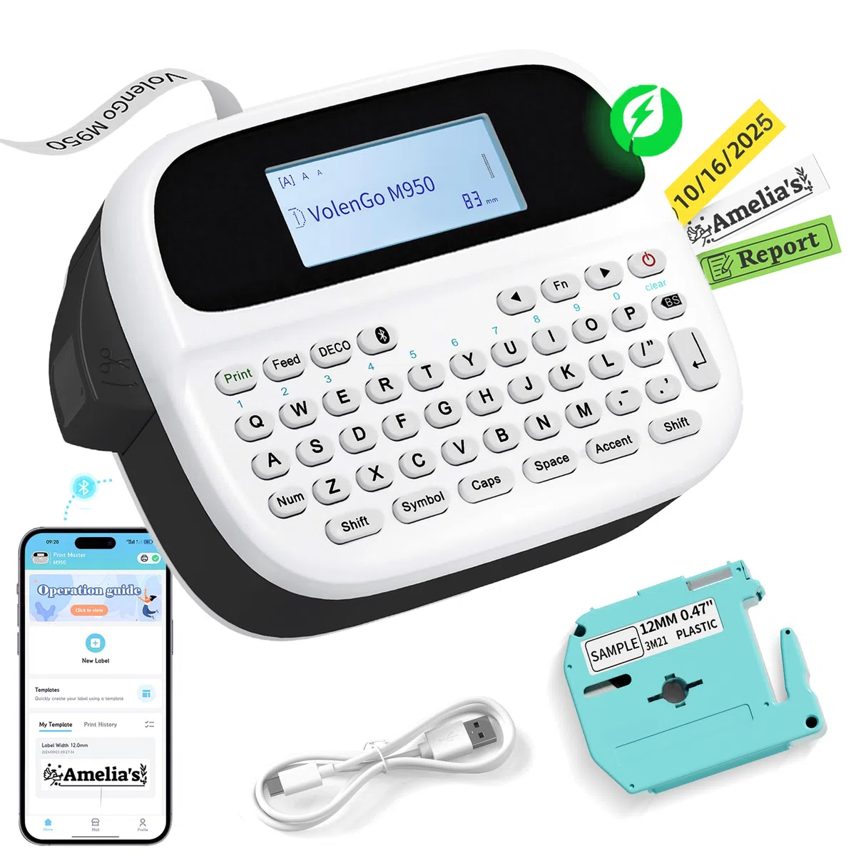 Máquina etiquetadora con cinta, etiquetadora recargable resistente al agua, etiquetadora Bluetooth retroiluminada, M950 de 12 mm, etiquetadora portátil para organización del hogar, oficina