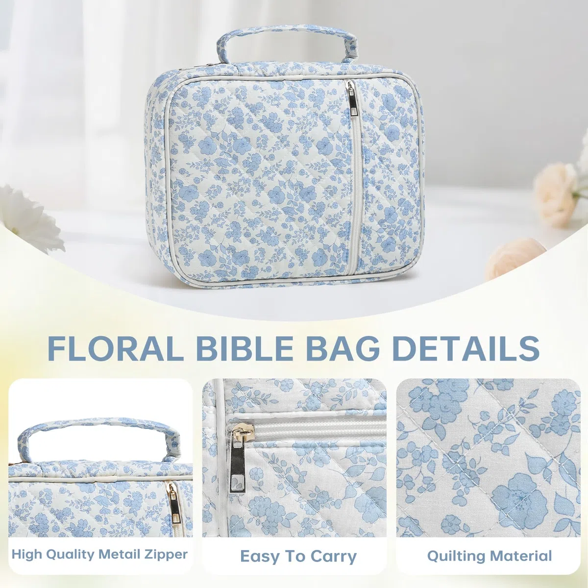 Funda para la Biblia para mujer, funda de bolsa de la Biblia con asa duradera, funda acolchada para transporte de la Biblia para niñas, accesorios de estudio de la Biblia (flor azul)