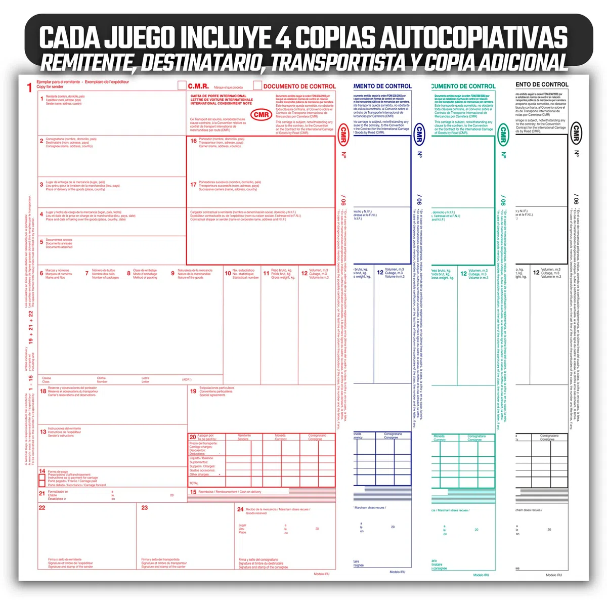 Pack 10 Talonarios CMR/DOCUMENTO DE CONTROL Autocopiativos - Transporte Nacional e Internacional - 4 Copias Numeradas - 25 Juegos Numerados - Cumple con Normativa CMR Internacional