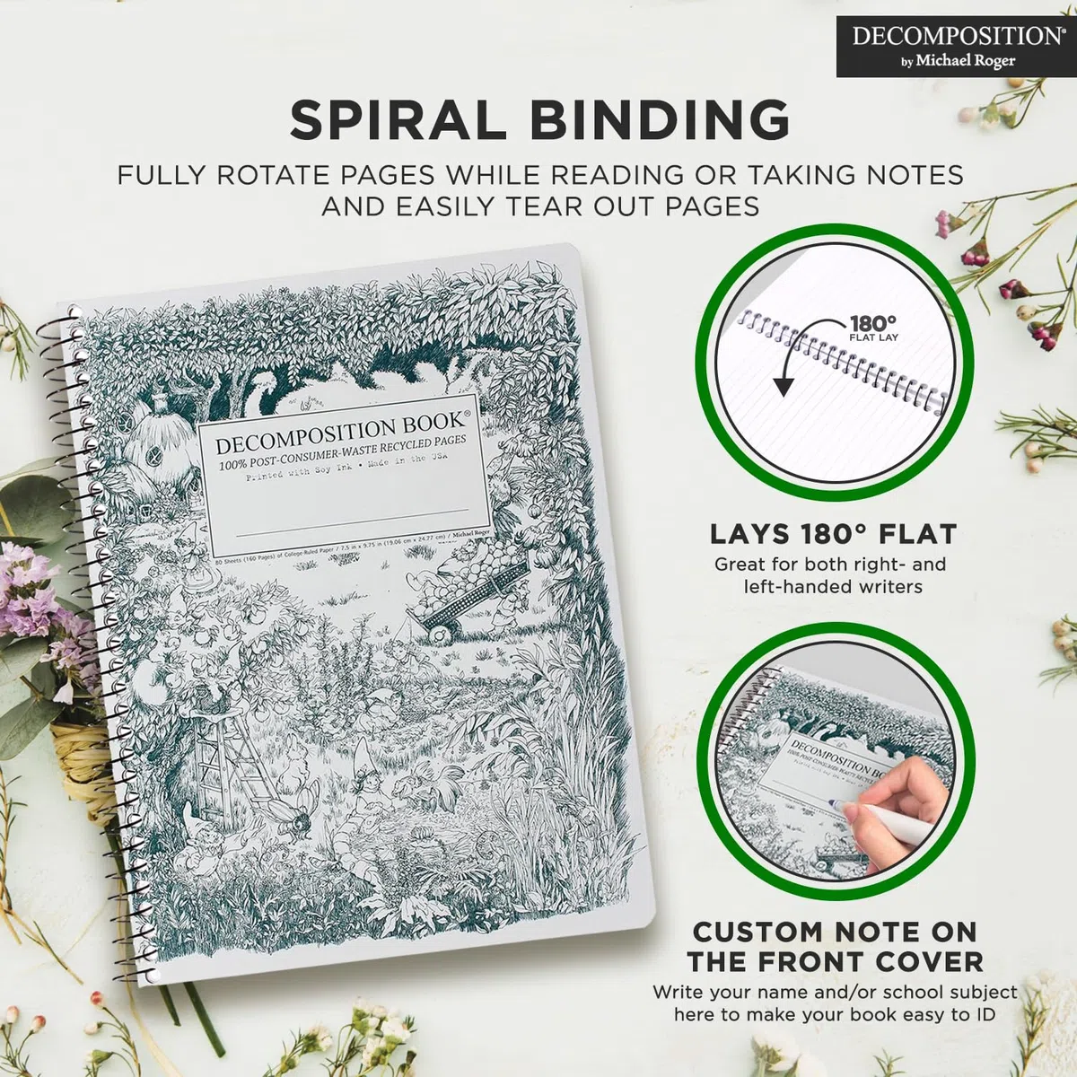 Decomposition Whimsical Garden Pack de 3 cuadernos de espiral con rayas universitarias – Diario de 24,8 x 19,1 cm, 160 páginas rayadas – Papel 100% reciclado – Cuadernos para material escolar, hogar y