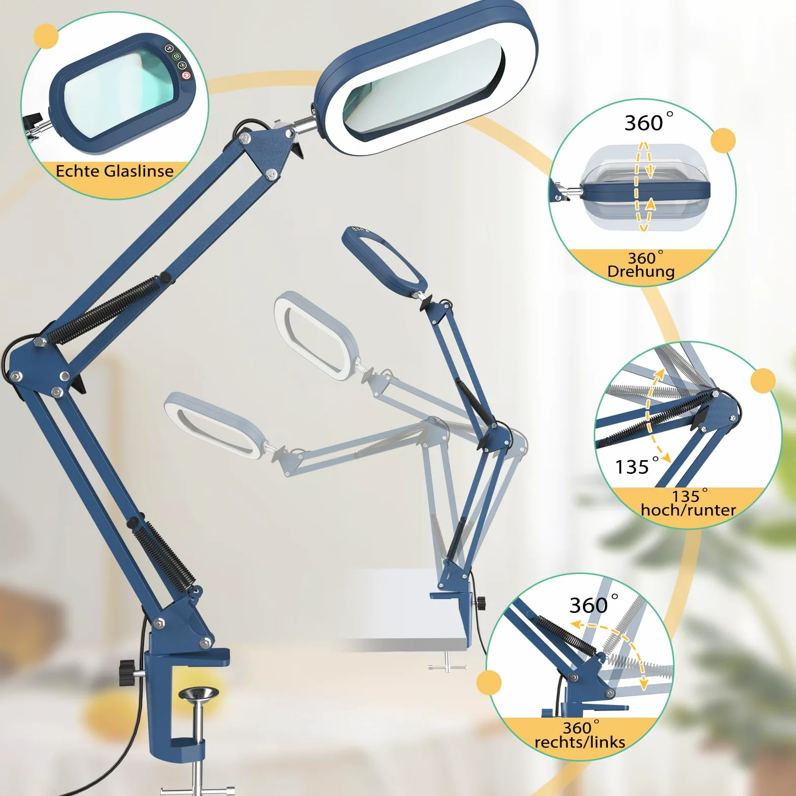 Lupa 10X con luz y abrazadera, cristal auténtico soporte de iluminación, 5 modos de color y regulable sin niveles, lámpara de escritorio LED manos libres para manualidades, aficiones, lectura, pintura