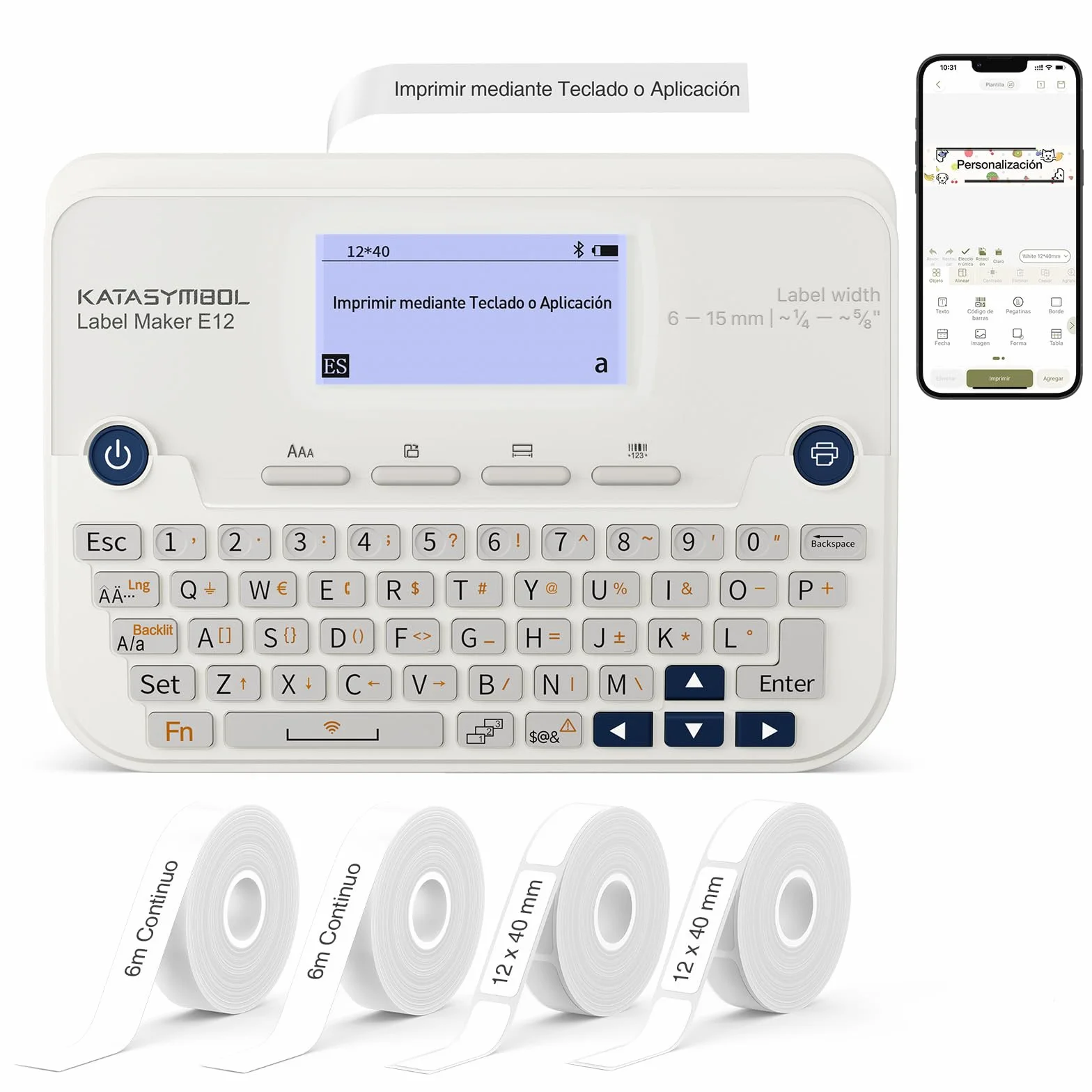 SUPVAN E12 Bluetooth Etiquetadora, Incluye 4 Rollos de Etiquetas Adhesivas, Compatible con Teclado QWERTY & App (660+ Iconos) & LCD Retroiluminada, Recargable, para Hogar, Oficina, Escuela, Blanco