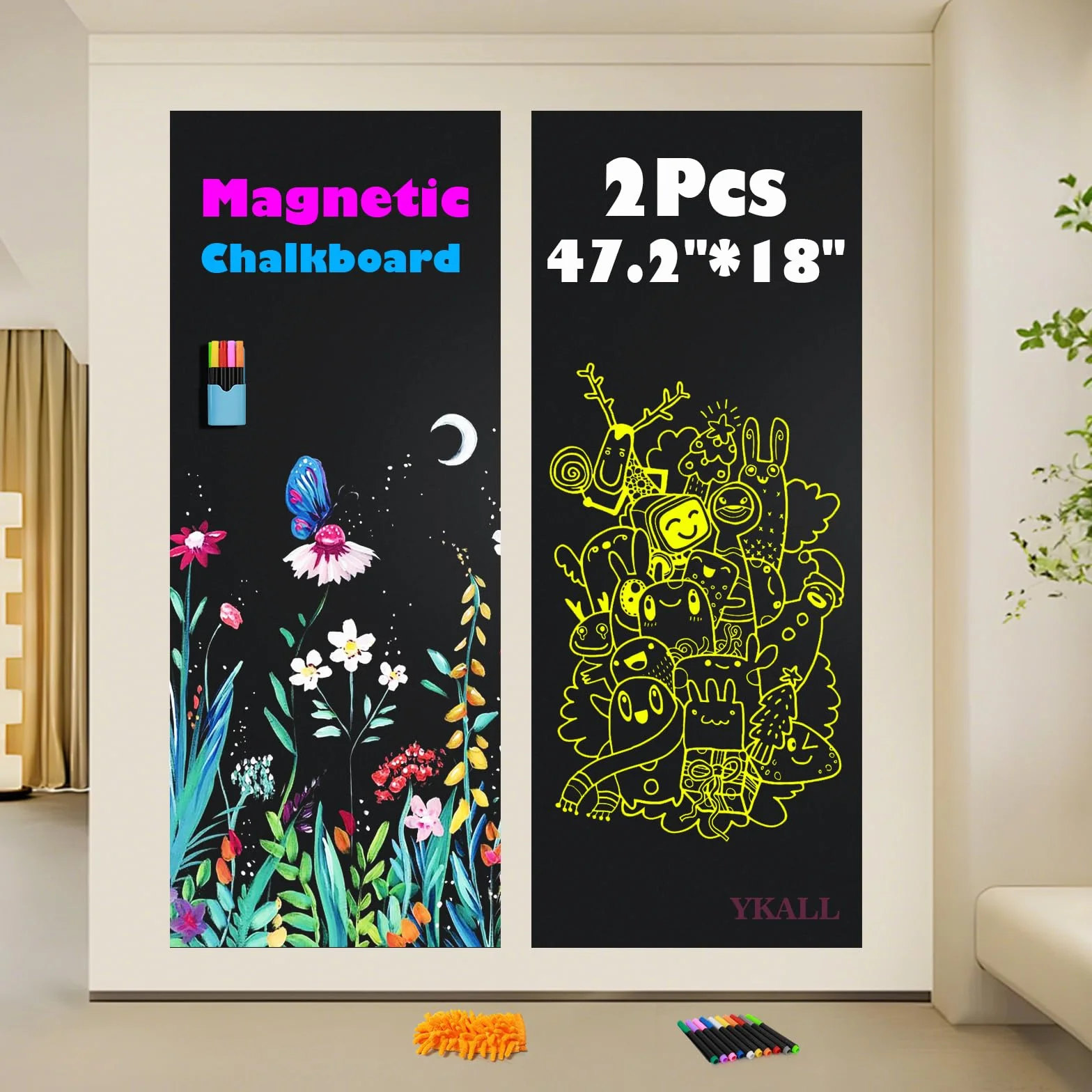 Pizarra Magnética Autoadhesiva 120x45 cm + 10 Marcadores Líquidos, Soporte y Paño