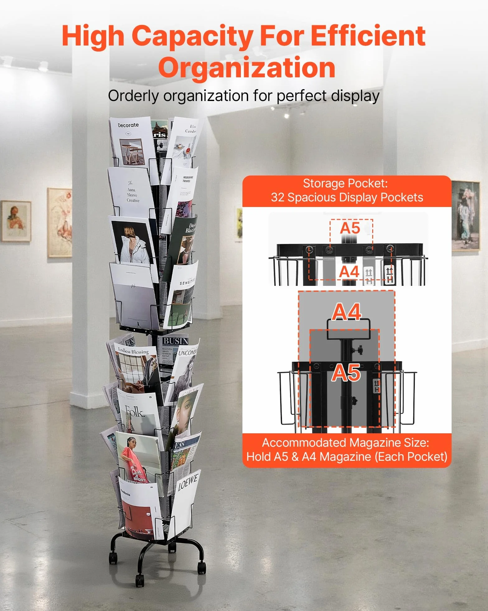 VEVOR Expositor de Revistas con 32 Compartimentos, Soporte Giratorio para Postales con 4 Ruedas, Revistero Metálico para Periódicos, Literatura, para Tiendas, Exposiciones, Oficinas, Bibliotecas
