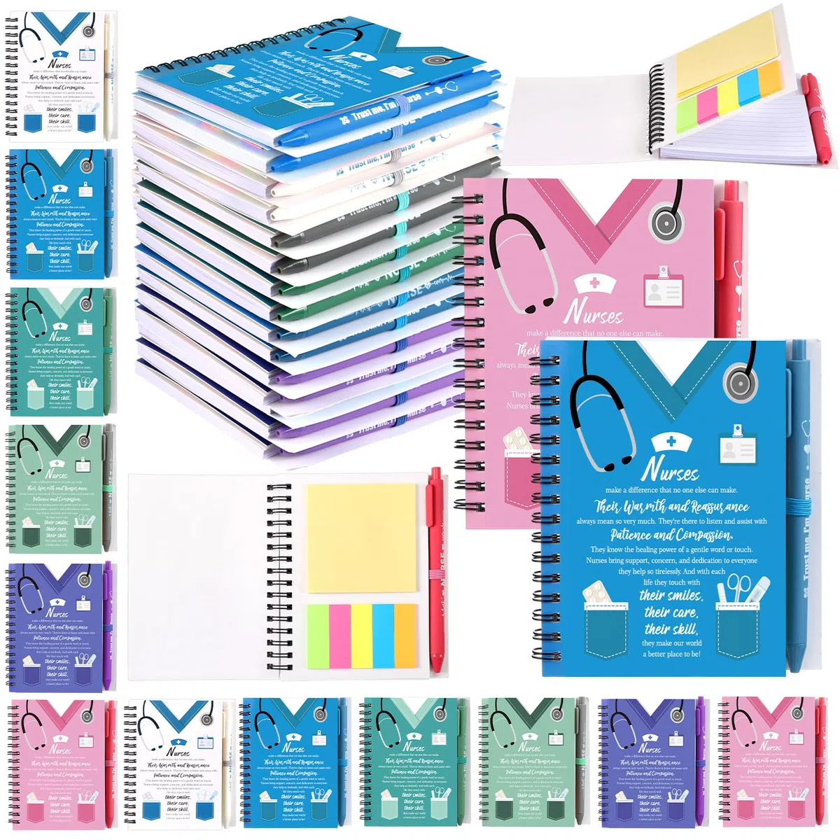 Resurhang 12 juegos de regalo de agradecimiento para enfermeras 2025, incluye cuaderno en espiral inspirador de bolsillo pequeño con bolígrafos de tinta y blocs de notas adhesivos a granel para