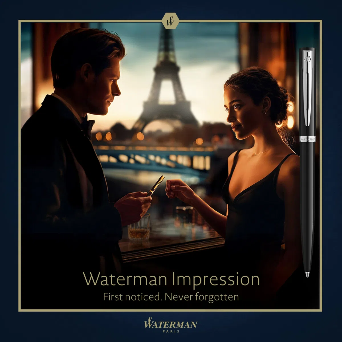 Waterman Impression Bolígrafo | Punta media con recarga de tinta azul | Laca negra con adornos chapados en paladio | Caja de regalo