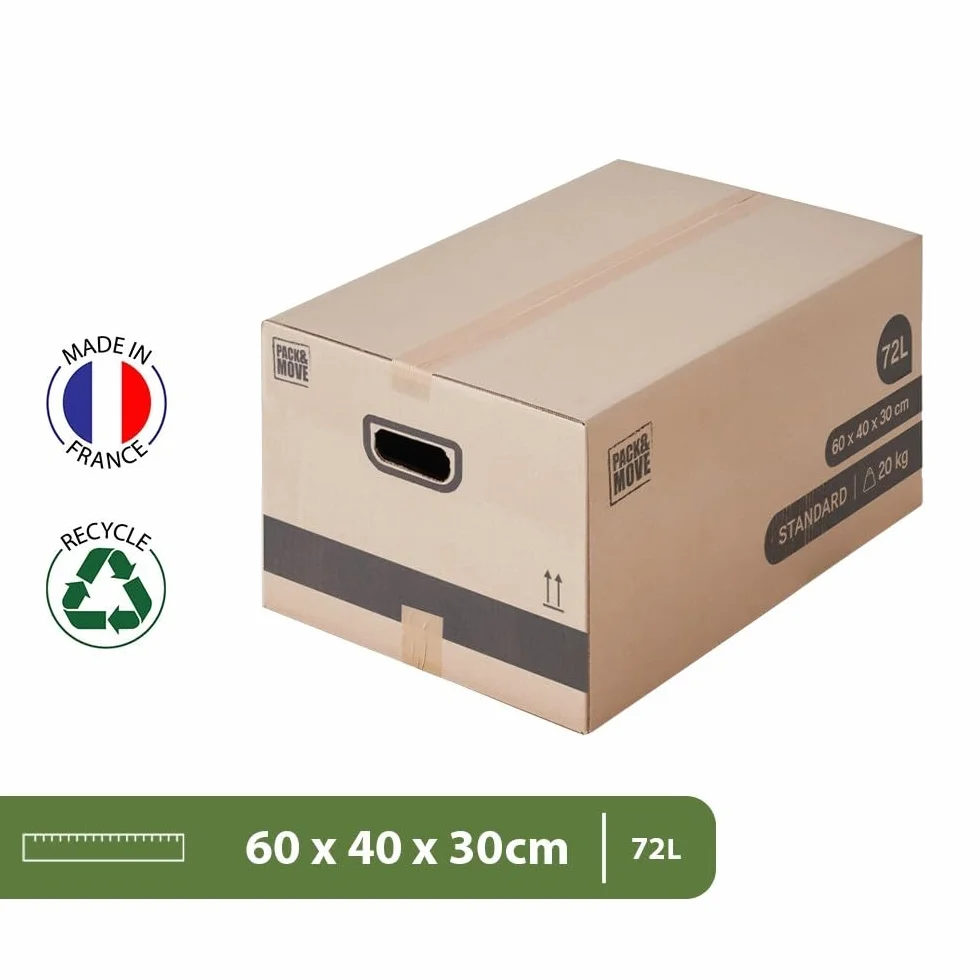 Pack de cajas de cartón para mudanza 72L - 60x40x30cm - certificados FSC 70% - Charge max 20KG - Pack and Move (40)