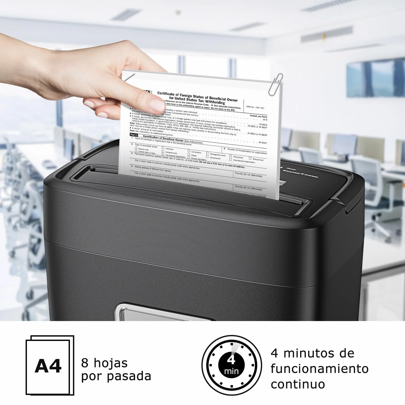 Bonsaii Trituradora de Papel 8 Hojas, Destructora de Papel para Oficina y Hogar, Nivel de Seguridad P-4, Corte Cruzado 5×14mm, Tritura Tarjetas de Crédito, Clips, Grapas, C261-C