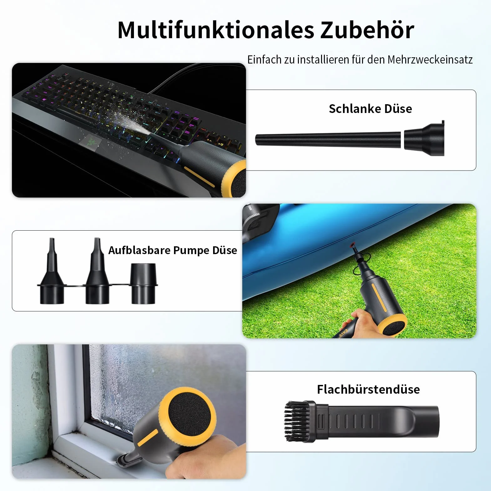 Eave Soplador de Aire Potente - 2 Velocidades 500w Aire Comprimido Limpieza PC con Cable de 3m y 3 Boquillas de Soplado, Soplador de Aire Para PC y Auto, Alternativa a los Spray Aire Comprimido