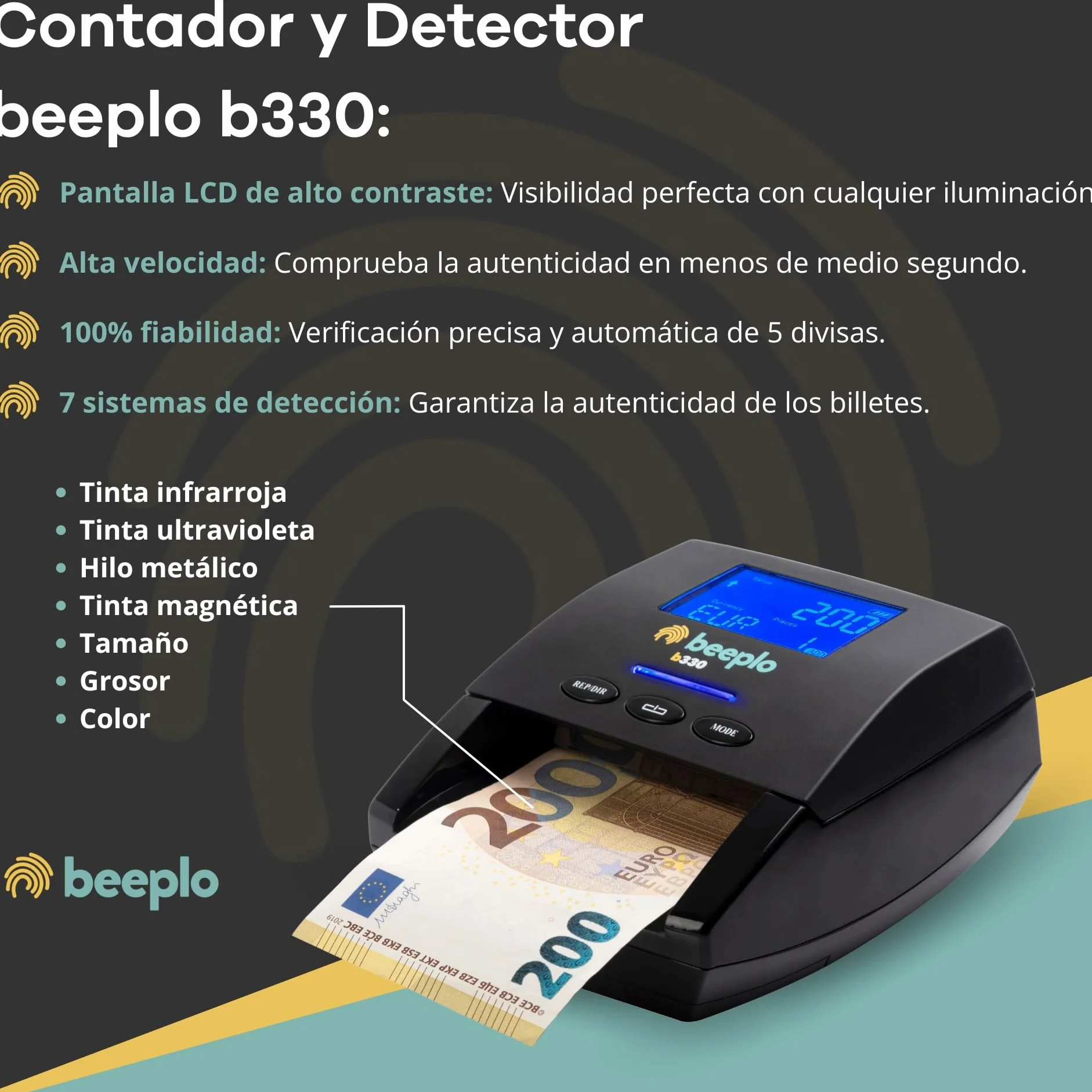 b330 | Detector de Billetes Falsos EUR | 100% Fiabilidad | Verificación Precisa Automática de 5 Divisas: EUR, GBP, CHF, NOK, SEK | Sin Batería