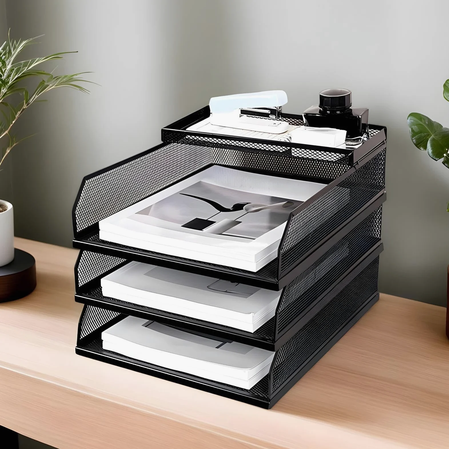 Organizador de Escritorio Bandeja para Cartas Archivadores Verticales | Bandeja De Papel Apilable Multinivel De Malla Metálica Escuela, hogar, oficina, estudio, trabajo