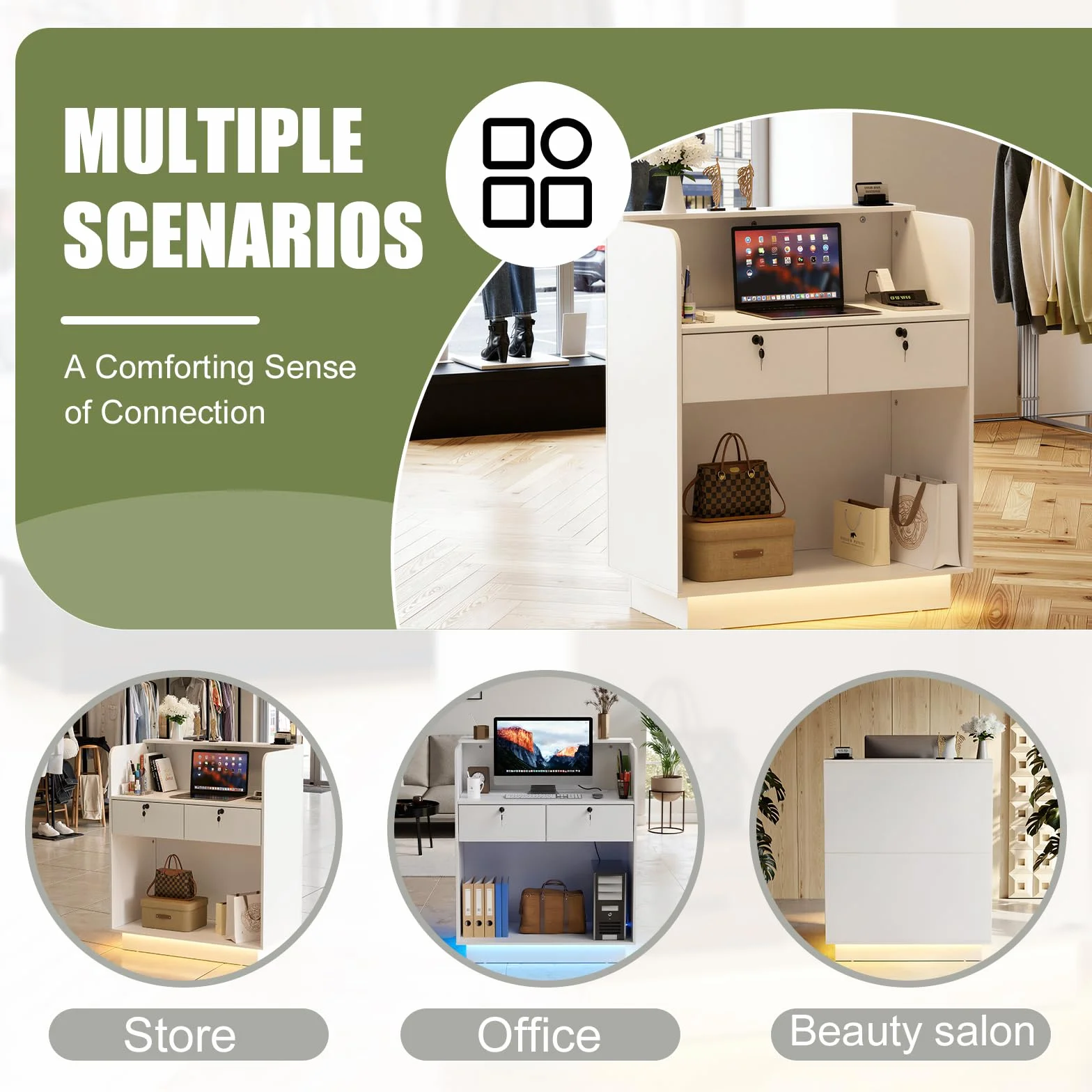 MSFE Mueble Recepción con LED, Mostrador Pequeño 103x80x45cm con Estantes Ajustables y Cajón con Cerradura