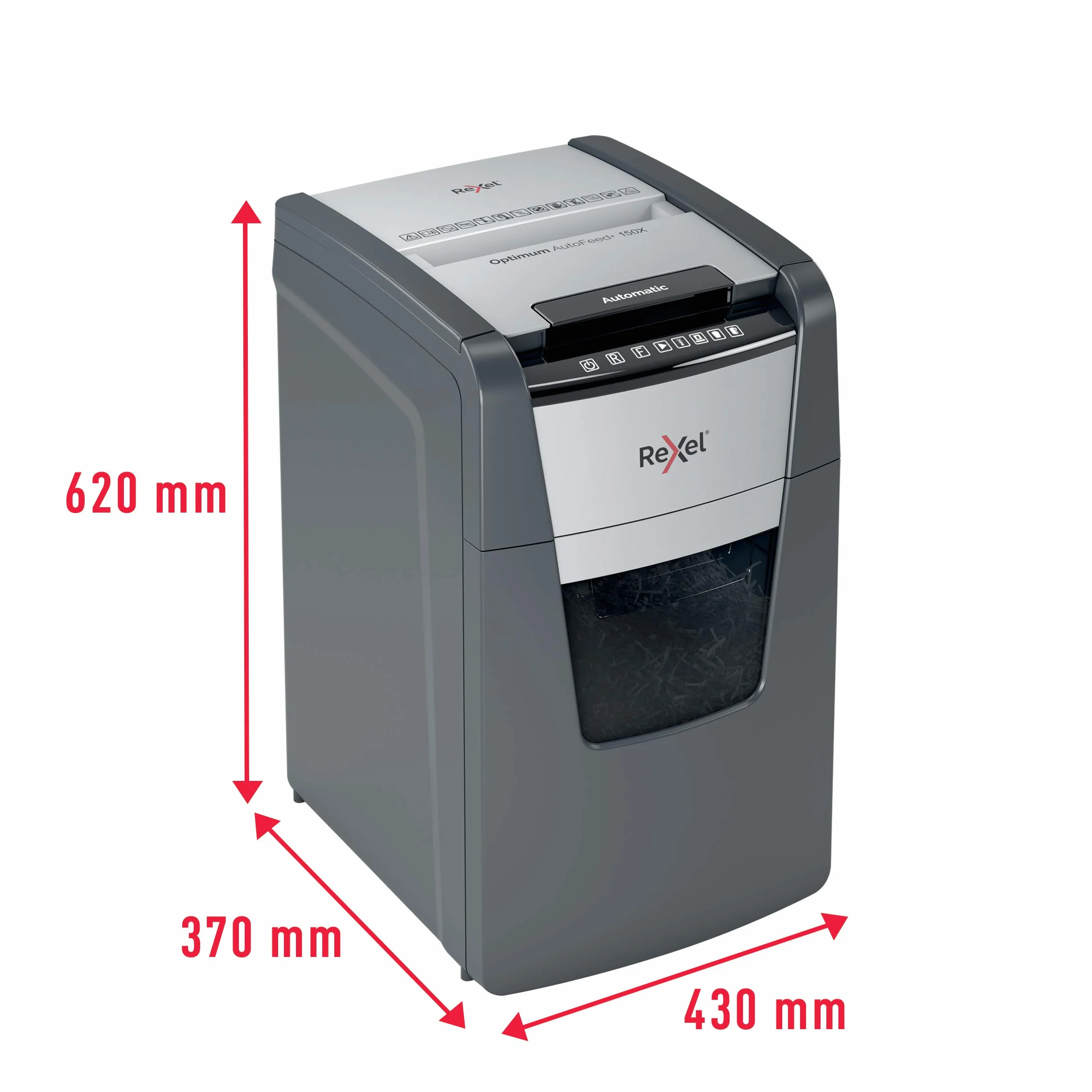 Rexel 2020150XEU - Destructora de Papel Automática Optimum AutoFeed 150X, Corte en Partículas P-4 (4x28 mm), 150 Hojas A4, Papelera Extraíble 44L, Destruye Grapas y Clips, Uso en Oficina