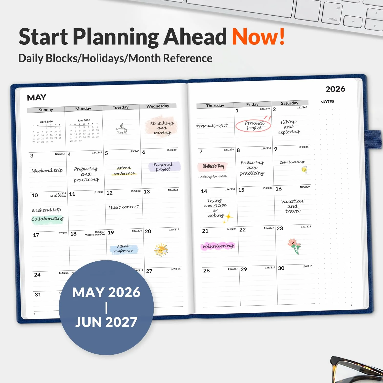 SUNEE Agenda semanal y mensual 2026-2027 de tapa dura de 5.5 x 8.3 pulgadas, 12 meses (julio de 2026 a junio de 2027), calendario de año académico pequeño, bolsillo, notas, papel de 100 g/m², azul