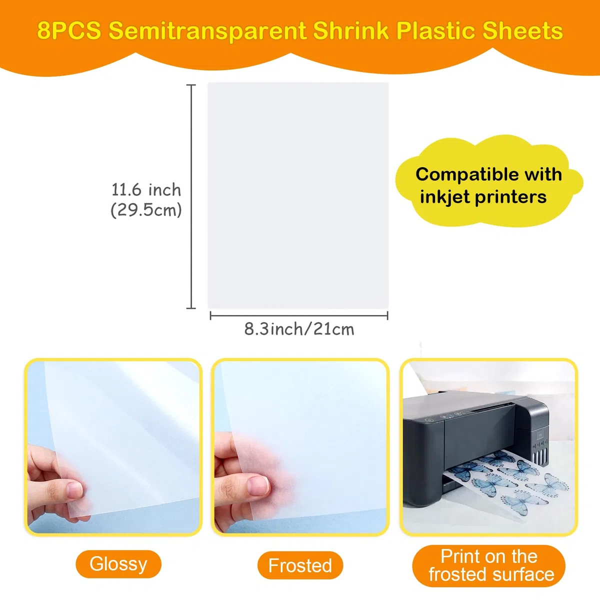 Auihiay 8 hojas retráctiles de plástico semitransparentes imprimibles para impresora de inyección de tinta, regalos para el día de la madre y actividades de manualidades, 29,5 x 21 cm