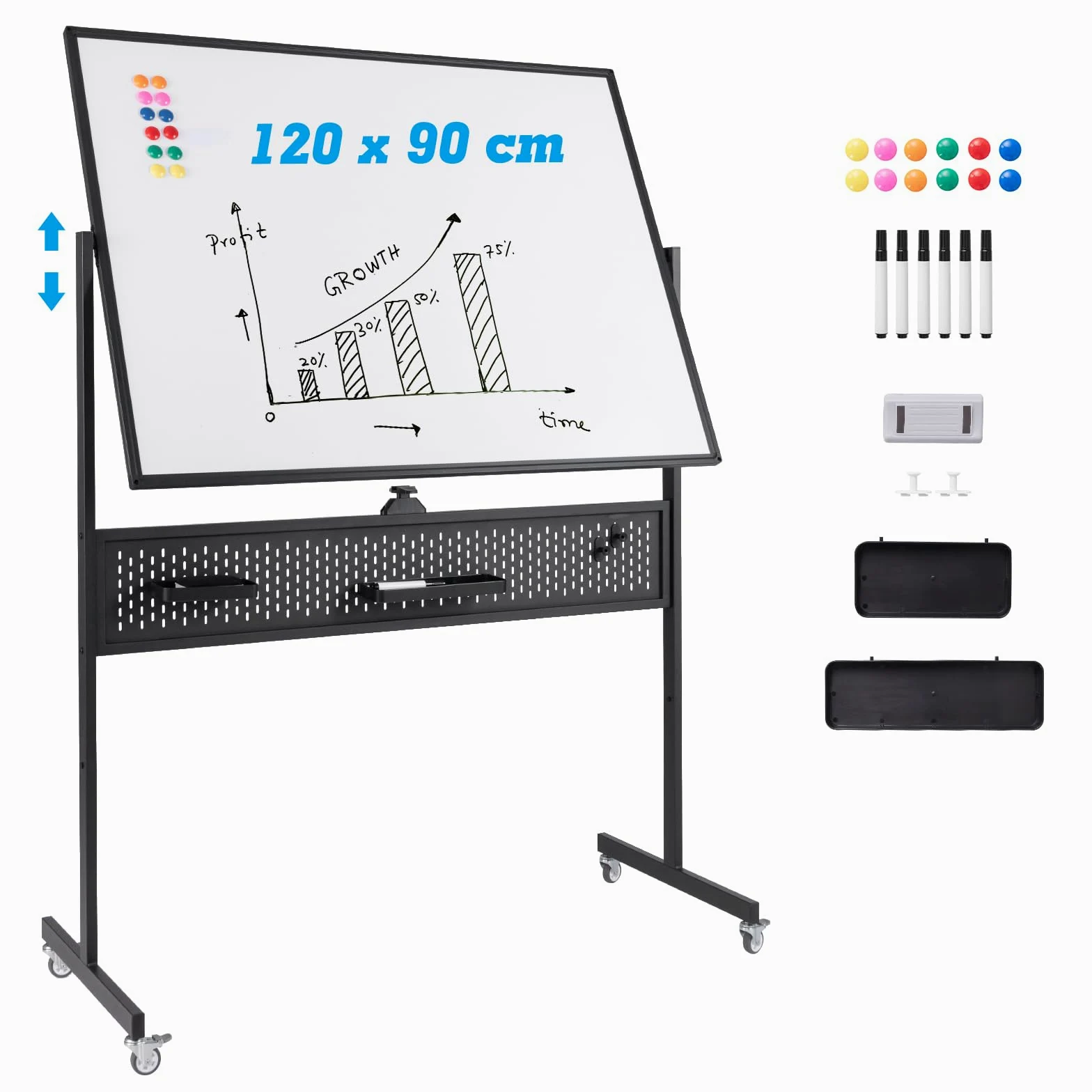 GIANTEX Pizarra Blanca Móvil de Doble Cara, 120 x 90 cm, Pizarra Magnética con Altura Ajustable de 2 Niveles, 4 Ruedas, Pizarra con Borrador en Seco, Marcadores Negros, para Aula, Oficina (Negro)