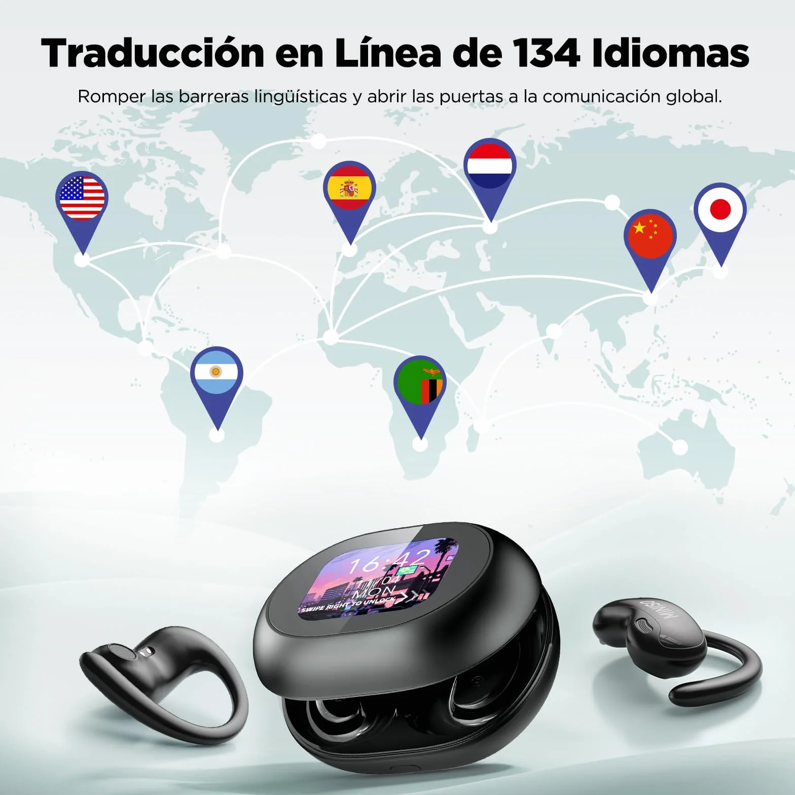 MINISO MS188 Auriculares Traductores de Idioma, 3 in 1 AI Auriculares Traductor en Tiempo Real 134 Idiomas, Auriculares Traductores Pantalla Táctil LCD OWS, Compatible con iOS y Android, Negro