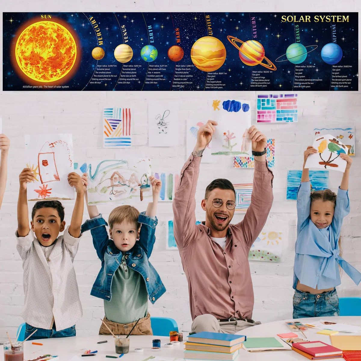 Sumind Póster del sistema solar, pancarta de ciencia, grande, educativo, para niños, decoración educativa, para aula, dormitorio, decoración educativa, 70.9 x 15.7 pulgadas