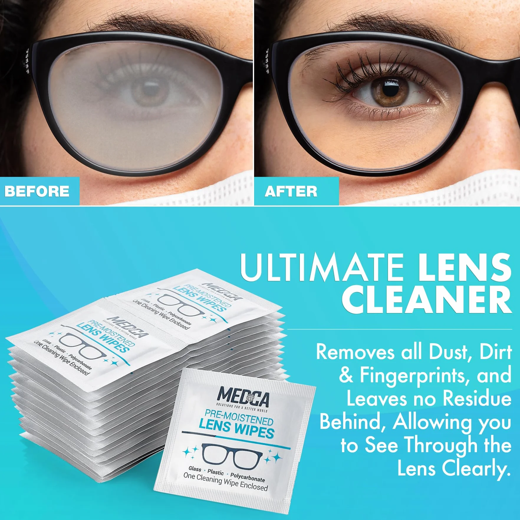 MEDca Toallitas de Limpieza de Lentes - Paños de limpieza de gafas prehumedecidos envueltos Individualmente