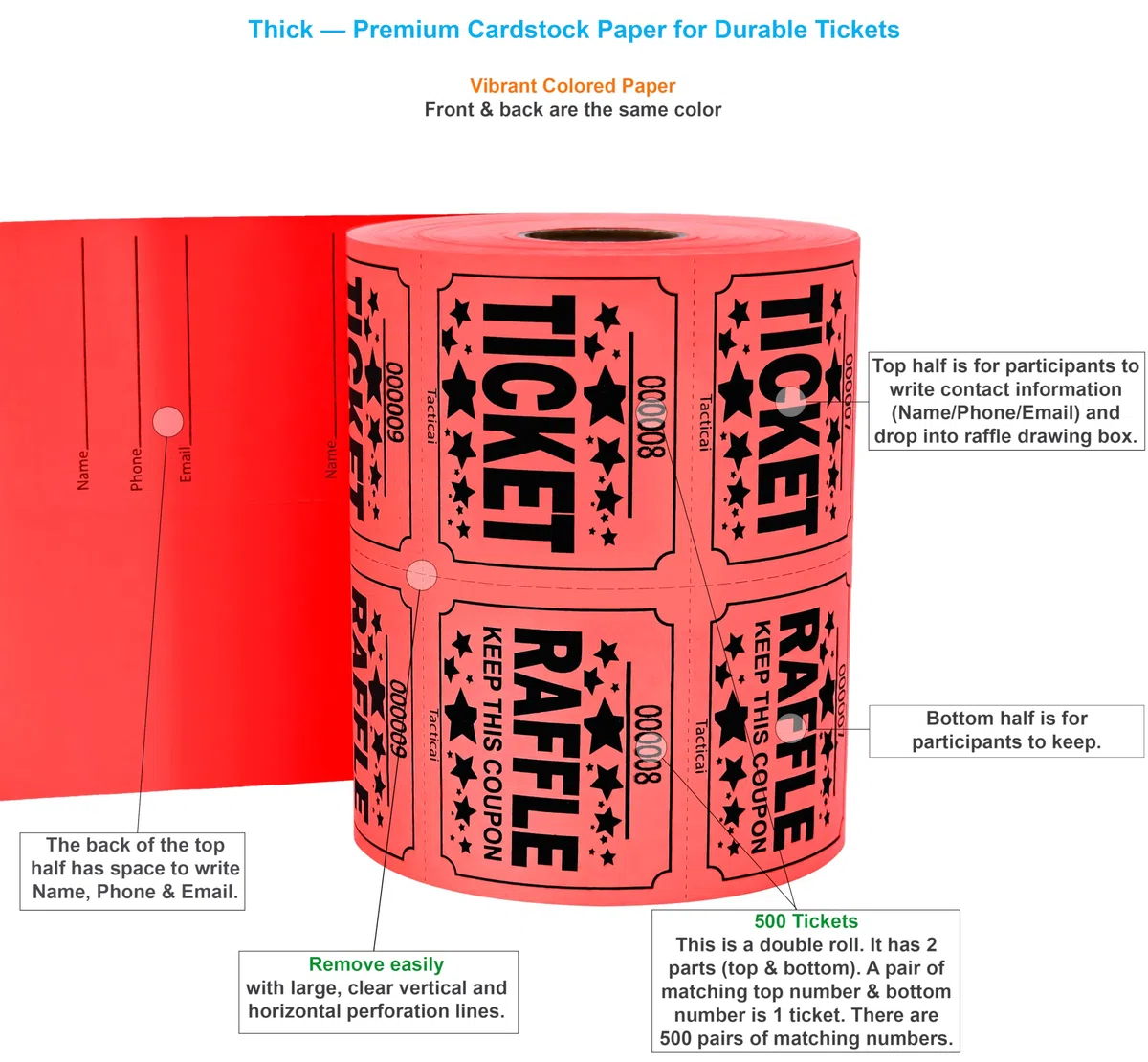 Tacticai 500 boletos de rifa, rojo (selección de 8 colores), rollo doble, boleto grande para eventos, entrada, recompensa de clase, recaudación de fondos y premios