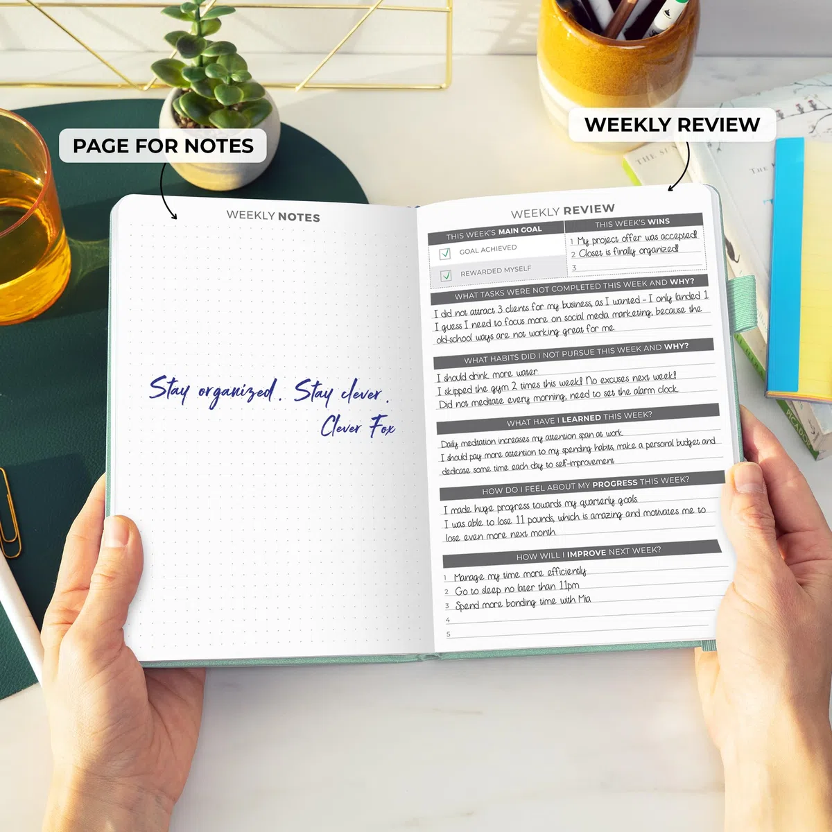 Clever Fox Planificador diario - La mejor agenda y calendario diario para aumentar tu productividad, satisfacción y objetivos - Organizador personal diario - A5, Sin fecha - Menta (Inglés)