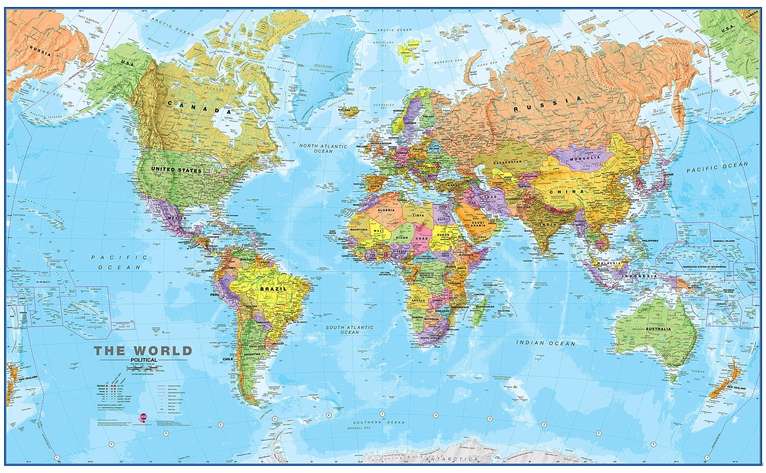 Maps International Mapa del mundo gigante póster político plastificado 118,9 x 84,1 cm 2025