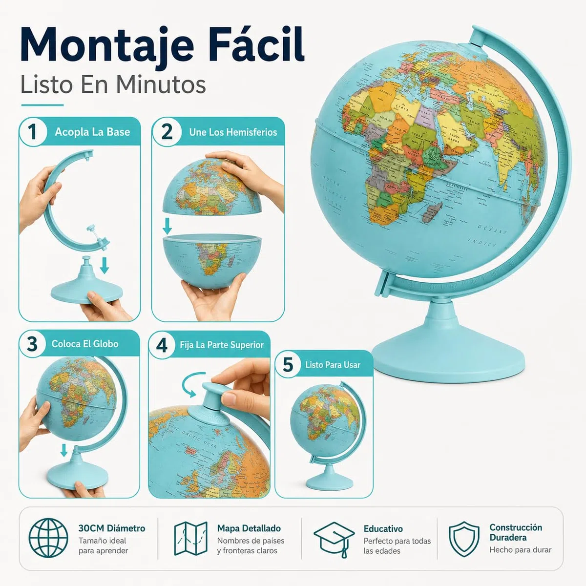 Globo Terráqueo 30 cm Mapa Español Azul Educativo Y Decorativo | Tamaño Grande Base Azul Mapa Político Claro Para Escritorio Aula Biblioteca Habitación Juvenil Y Regalo Educativo