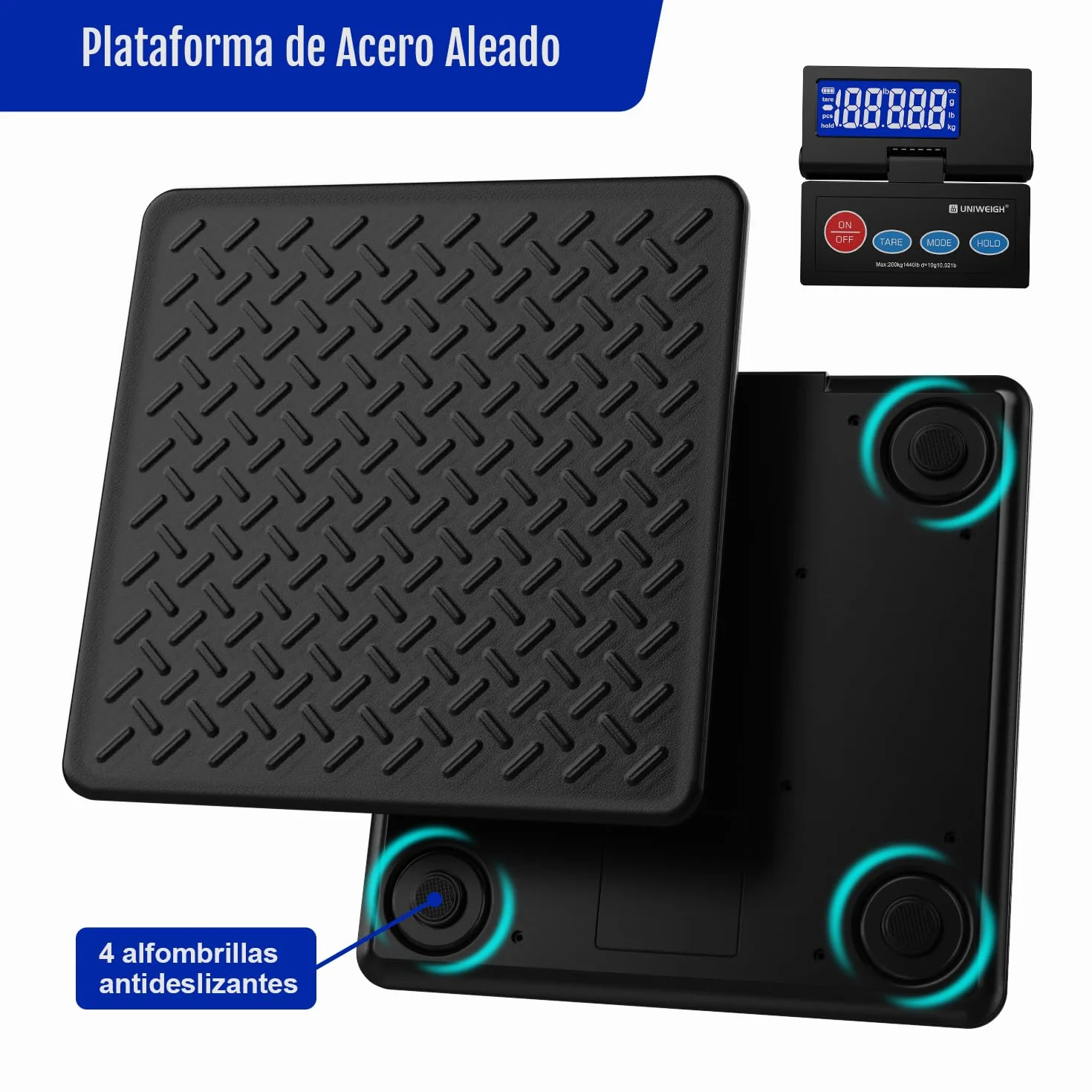UNIWEIGH Báscula digital para paquetes 10 g precisión pantalla LCD retroiluminada plataforma acero aleado USB/batería tara Hold Auto-Off