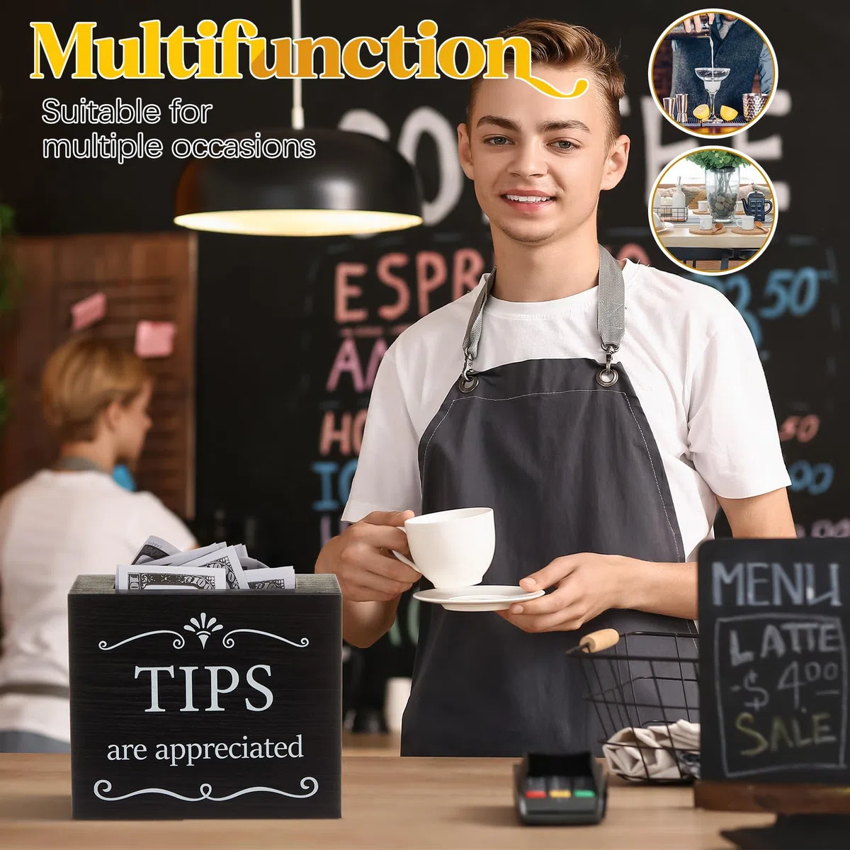Vesici Colección de puntas de madera para tarros de 6 x 4 x 5 pulgadas, cubo de donación, contenedor de almacenamiento de monedas, caja de sugerencias para rifas, caja de dinero para camareros