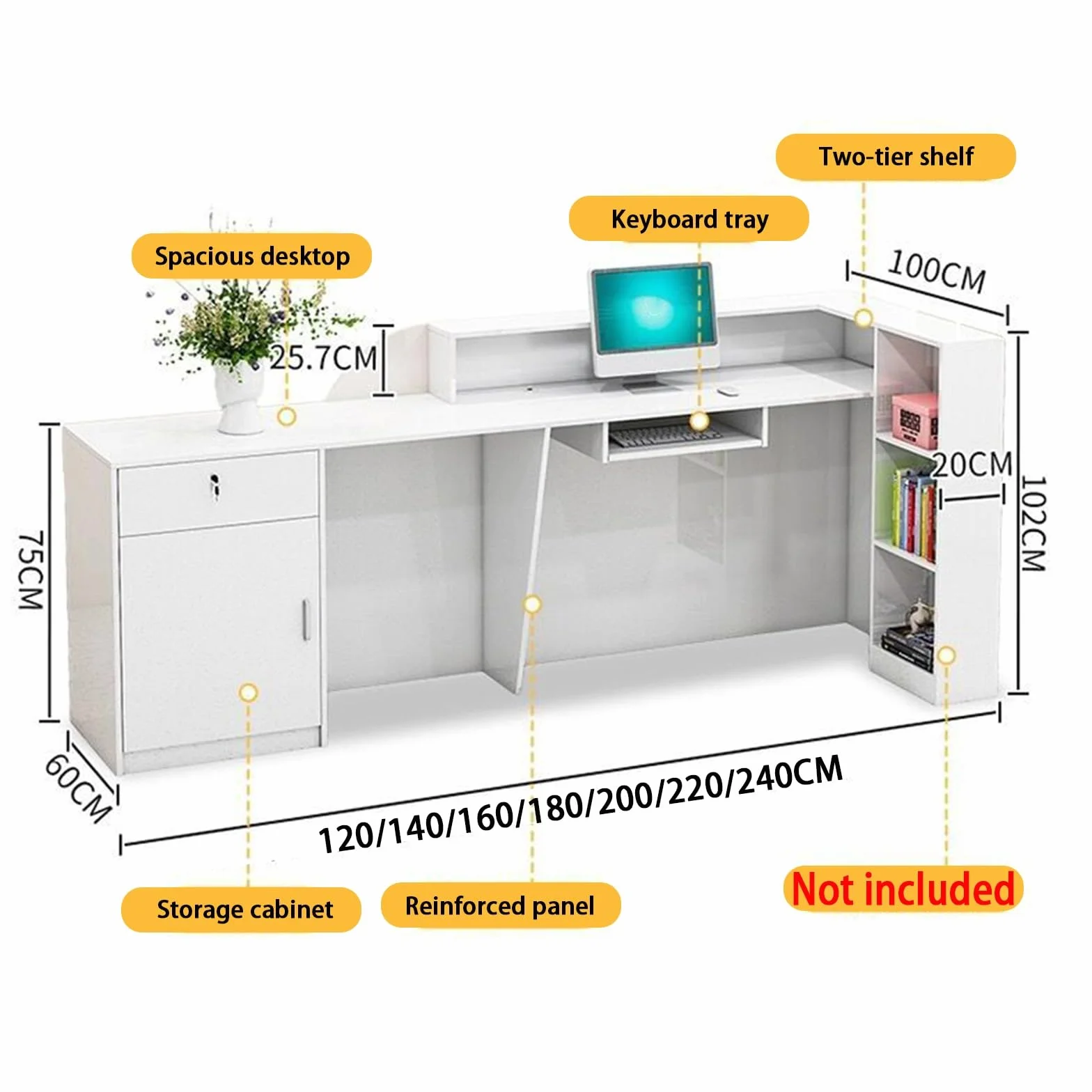 Mostrador de recepción con cajones con Cerradura, LED, armarios con Puertas, mostrador de recepción for consultorio médico/vestíbulo de Hotel/recepción de Oficina(Cream+White (Left),120cm)