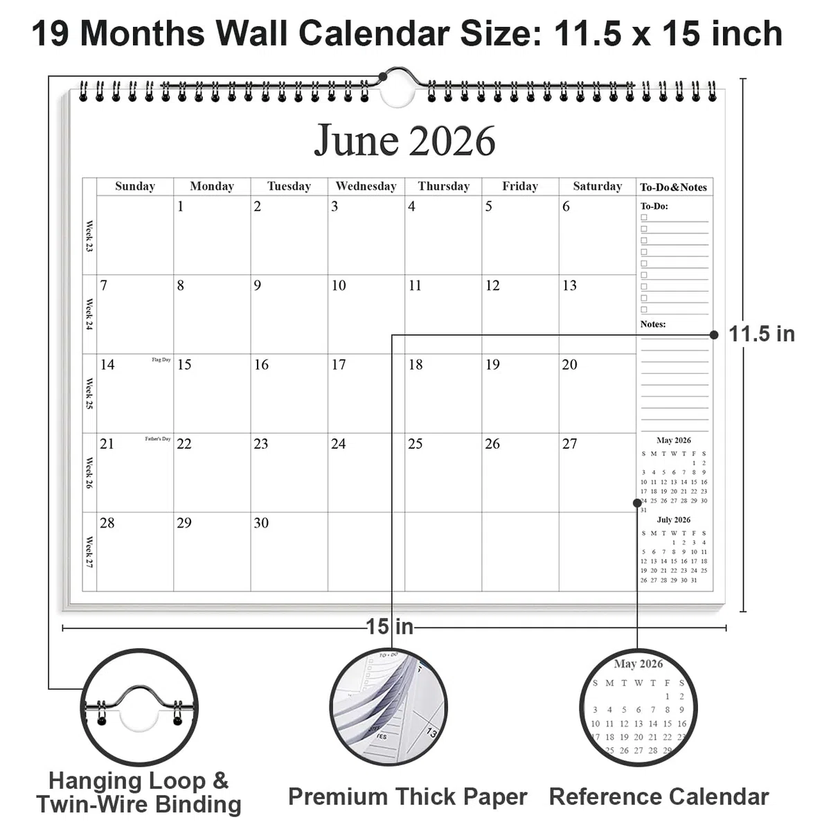 Calendario 2024-2025 – Calendario de pared 2024-2025 de enero de 2024 a junio de 2025, calendario de 18 meses con papel premium, encuadernación de doble alambre y gancho para colgar, 12 x 14.5