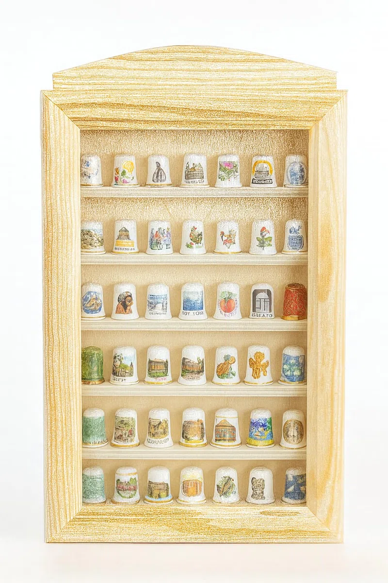 GRECA Vitrina Colecciones dedales. para 35 Unidades (7 dedales * 5 baldas). Medidas: (Ancho/Fondo*Alto): 23 * 6.5 * 40 cms. En Madera de Pino y chopo Crudo.
