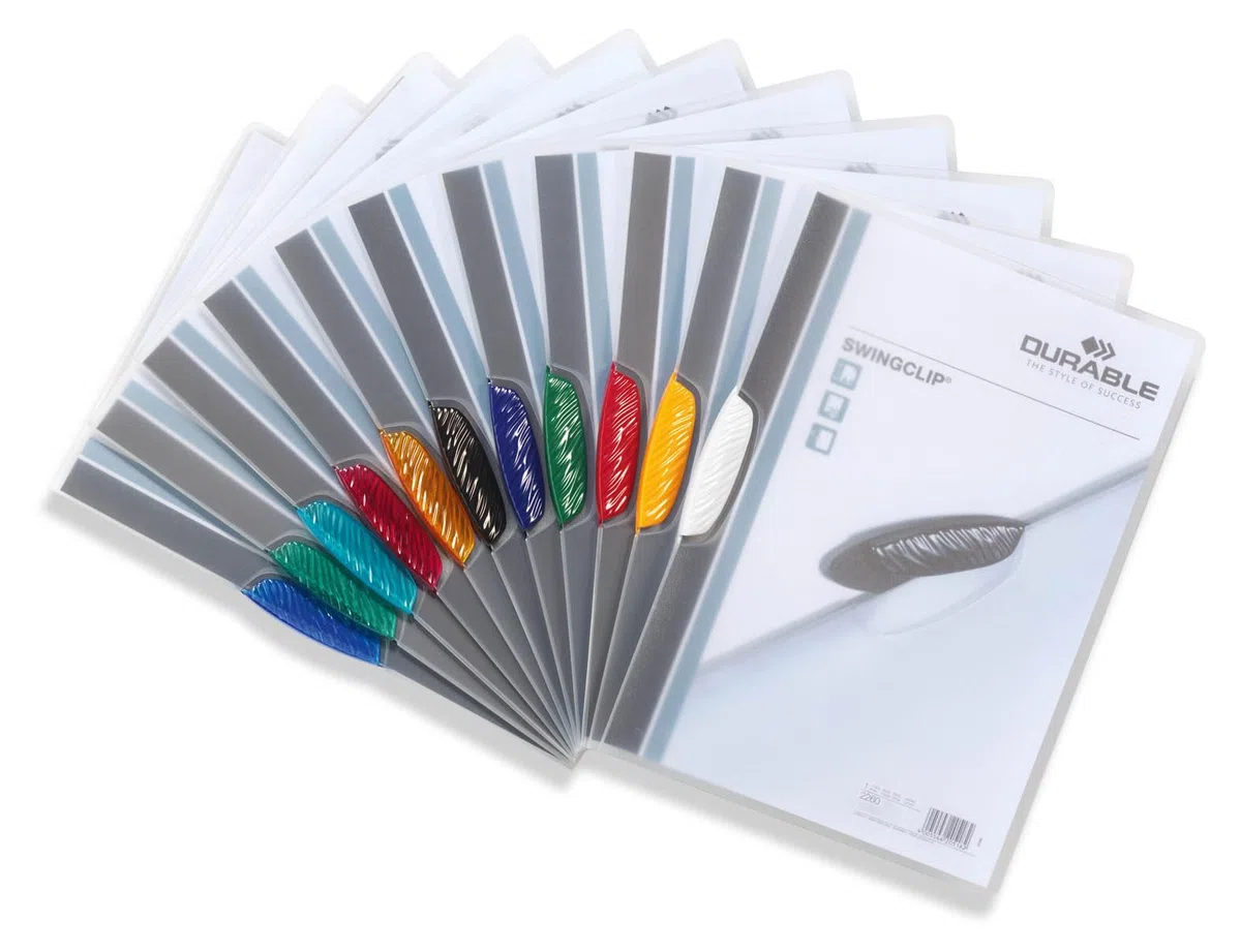 Durable 226000 Carpeta con clip Swingclip, hecho de PP, hasta 30 hojas A4, surtido, paquete de 25