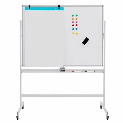 FANTASK Pizarra blanca móvil de doble cara, 120 x 90 cm, altura ajustable, magnética, con ruedas y soporte