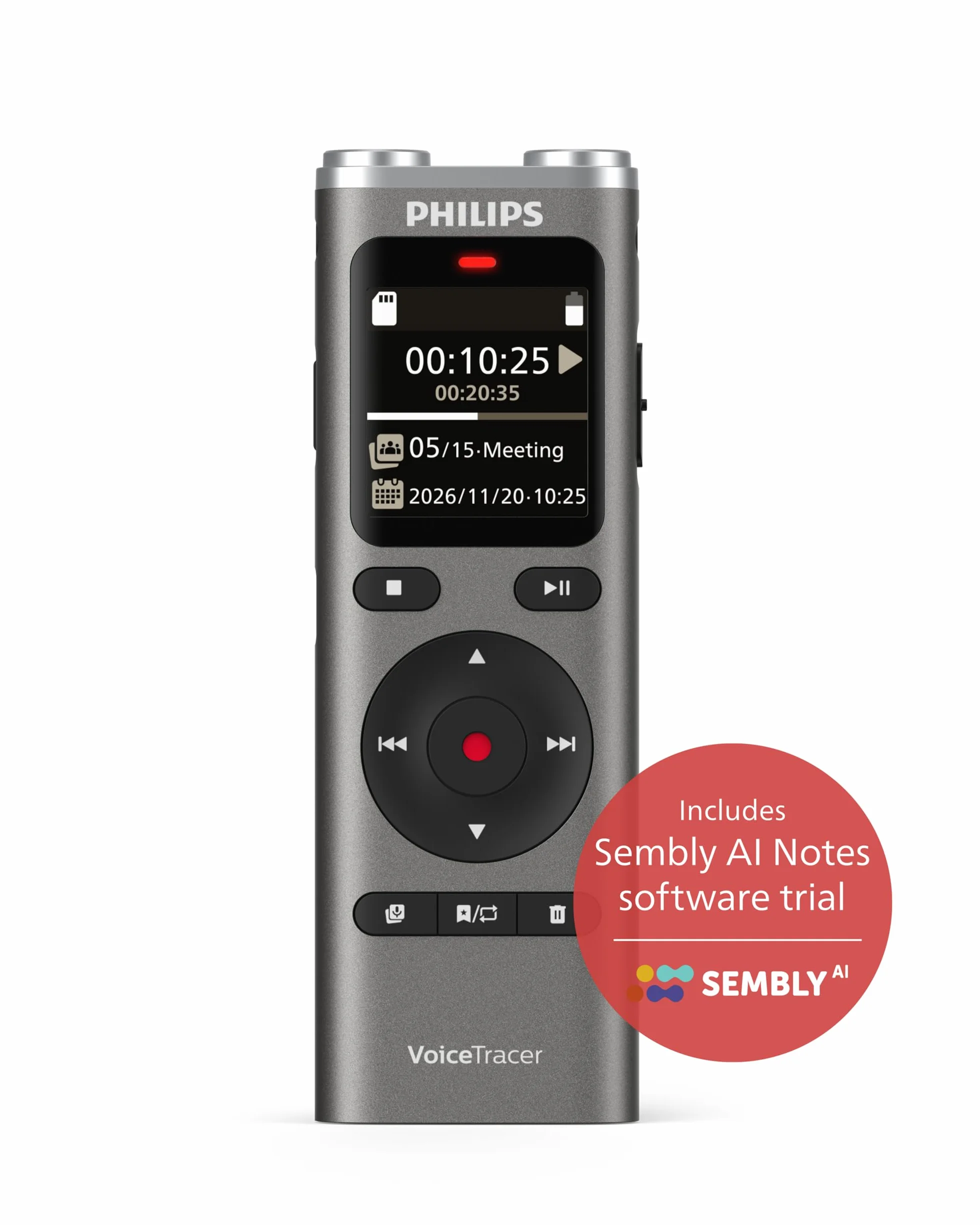 Philips DVT2075 VoiceTracer, grabadora de Audio, 8 GB, MP3, estéreo, batería Recargable de polímero de Litio. Sembly AI para reconocimiento de Voz multialtavoz, creación de resúmenes, actas de