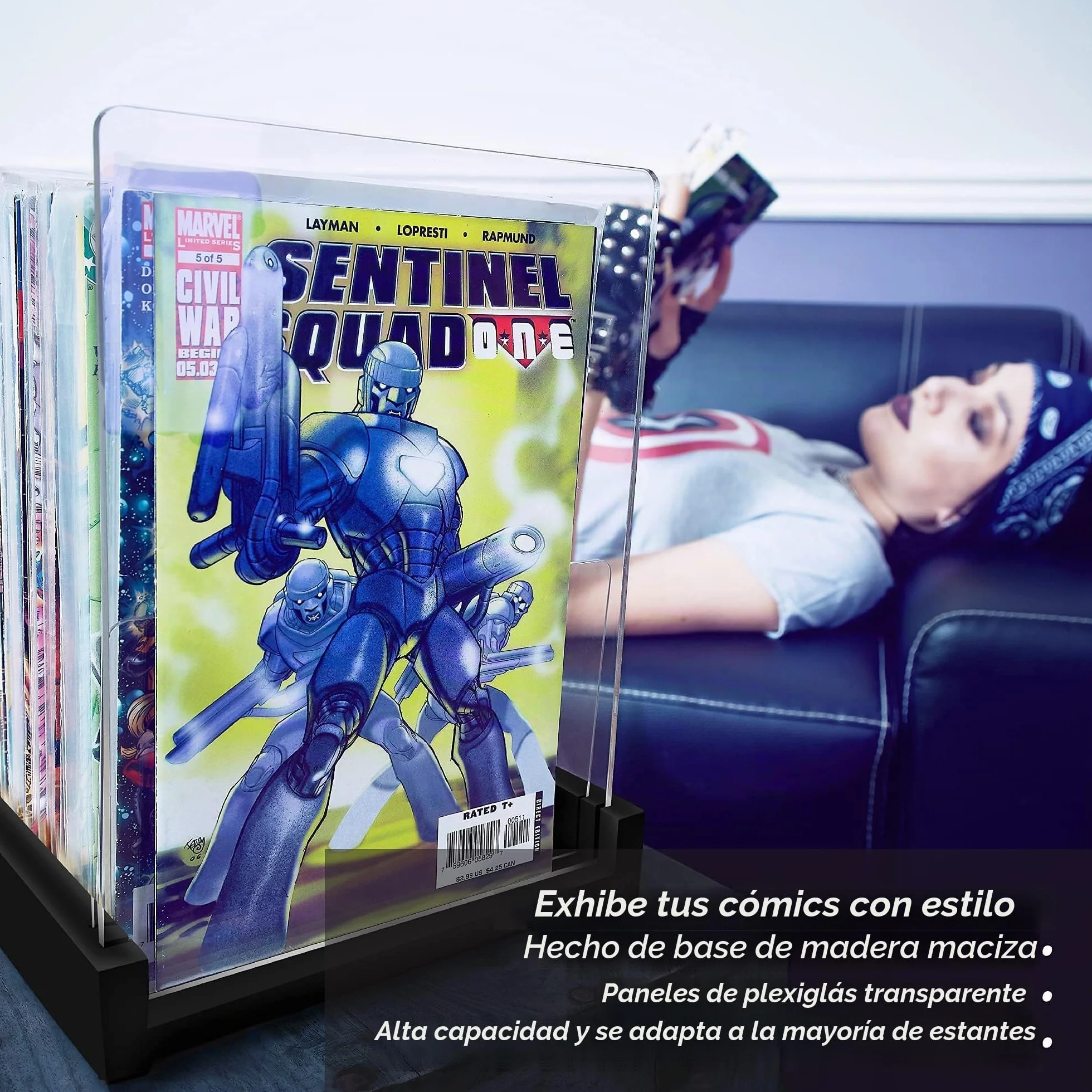 Soporte de almacenamiento para cómics, vitrina para coleccionistas, caja de cómics de madera y acrílico pendiente de patente, contenedor y organizador, almacena hasta 150 problemas, 14.5 x 8 pulgadas