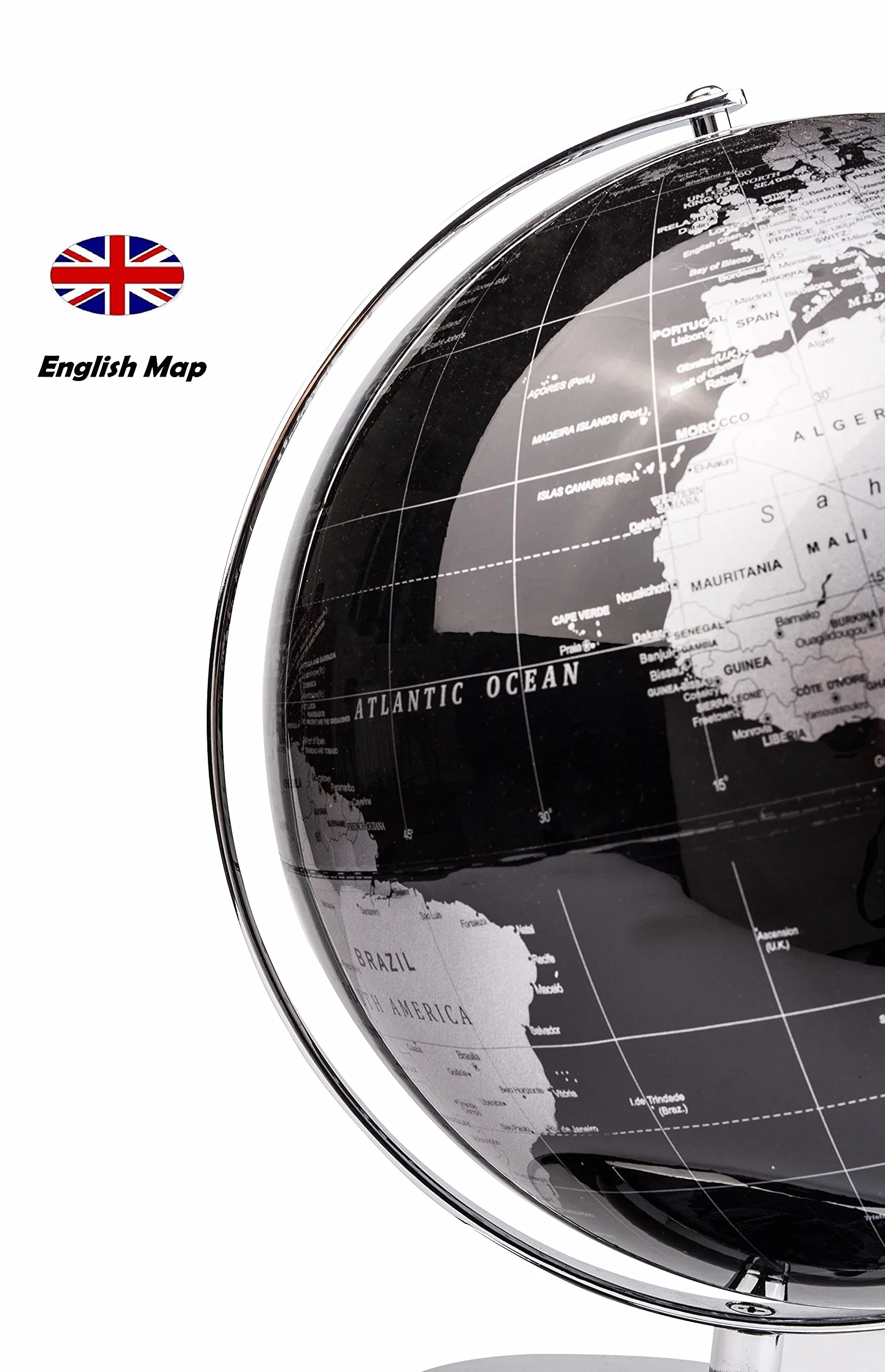 Exerz 30cm Globo Terráqueo - Mapa en Inglés - Decoración de Escritorio educativa/geográfica/Moderna - con una Base de Metal - Negro Metálico - Diámetro: 30cm