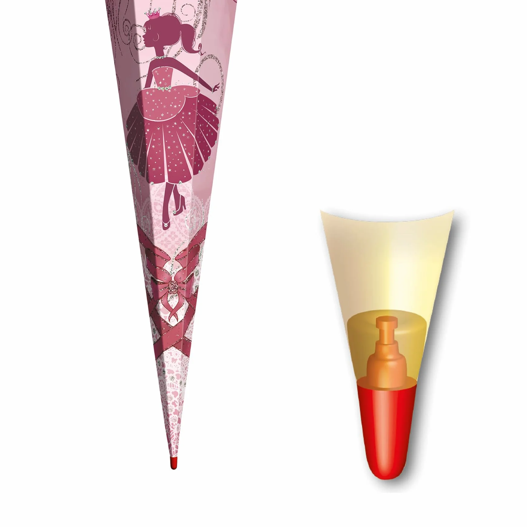 ROTH Schultüte groß Ballerina 85 cm - Glitter und Glitzer-Borte - 6-eckig Rot(h)-Spitze Tüllverschluss - Zuckertüte, Ballerina, Danzerin, Schulanfang