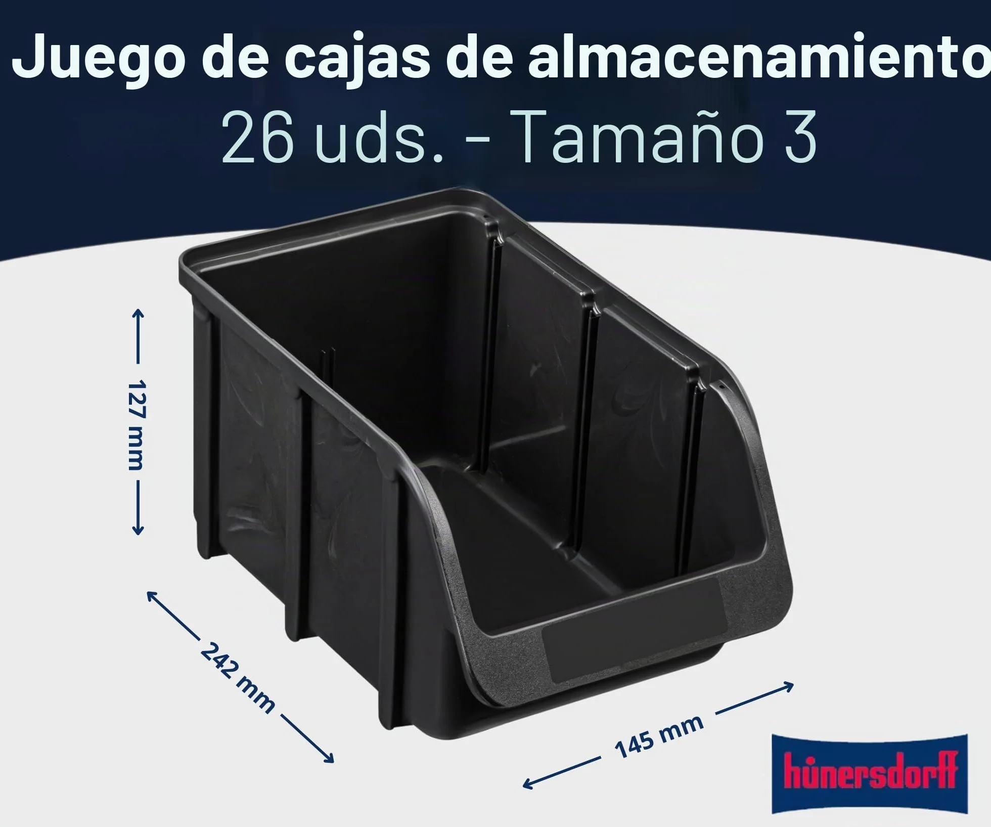 hünersdorff 26 cajas apilables, tamaño 3, de polipropileno irrompible, recicladas, ideal para sistemas de ordenación y clasificación, placas de pared, estanterías, estanterías de taller, color negro