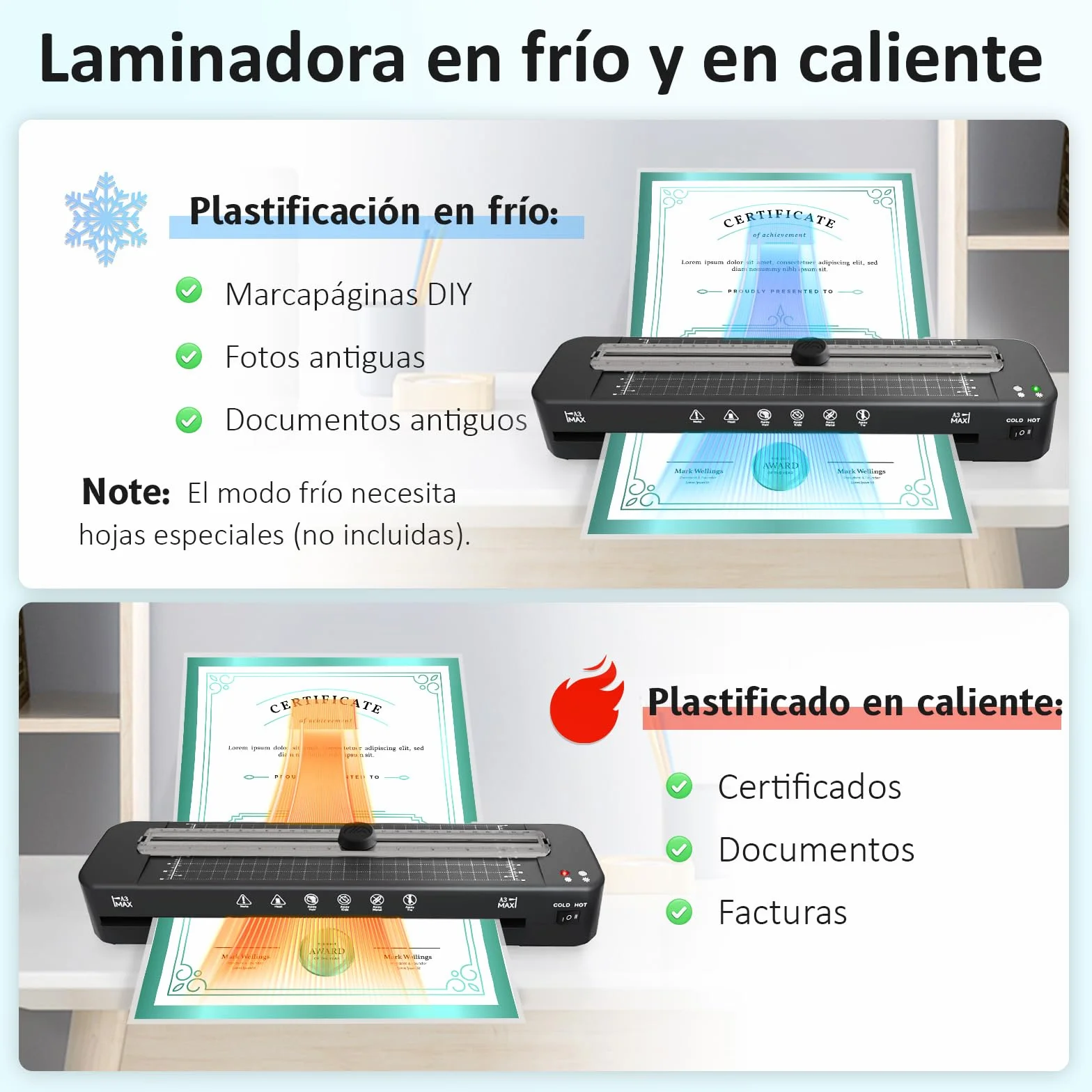 Plastificadora A3 5 en 1 Máquina Laminadora en Frío y Caliente con Cortador de Papel y Relleno de Esquinas
