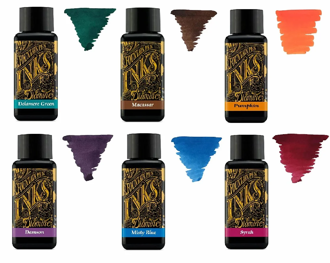 Diamine Tinta para pluma estilográfica de 30 ml, rueda de color, 6 botellas, verde delamere, macassar, calabaza, damson, azul brumoso, syrah