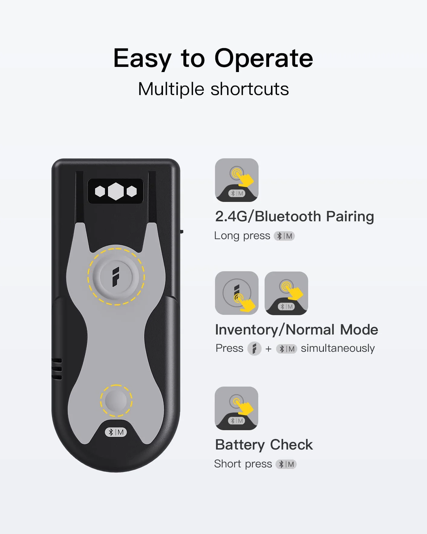 Inateck Lector Codigo Barras 1D CCD Bluetooth, Inalambrico con Adaptador USB de 2.4Ghz, Lectura en Pantalla, Accesos Rápidos Exclusivos, BCST-43