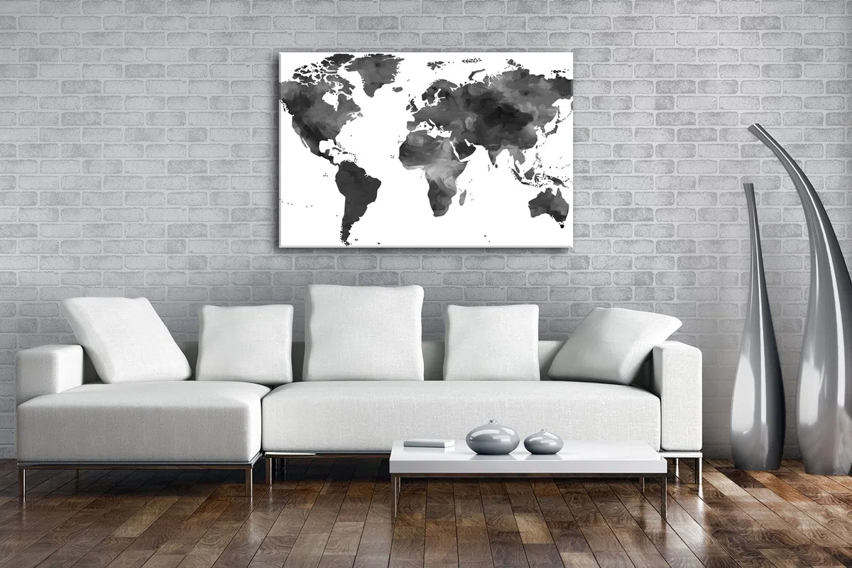 deyoli - Mapa del mundo con efectos en lienzo, diseño de mapamundi enmarcado sobre madera auténtica, impresión digital de alta calidad con marco, sin póster o cartel, lona, negro y blanco, 120 x 80